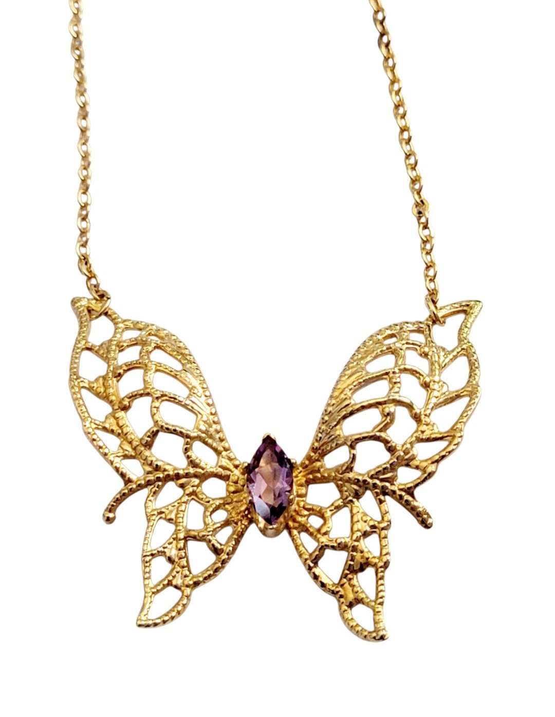 14KGE Lindenwold Gold Electroplated Marquise Purple Amethyst Butterfly Necklace