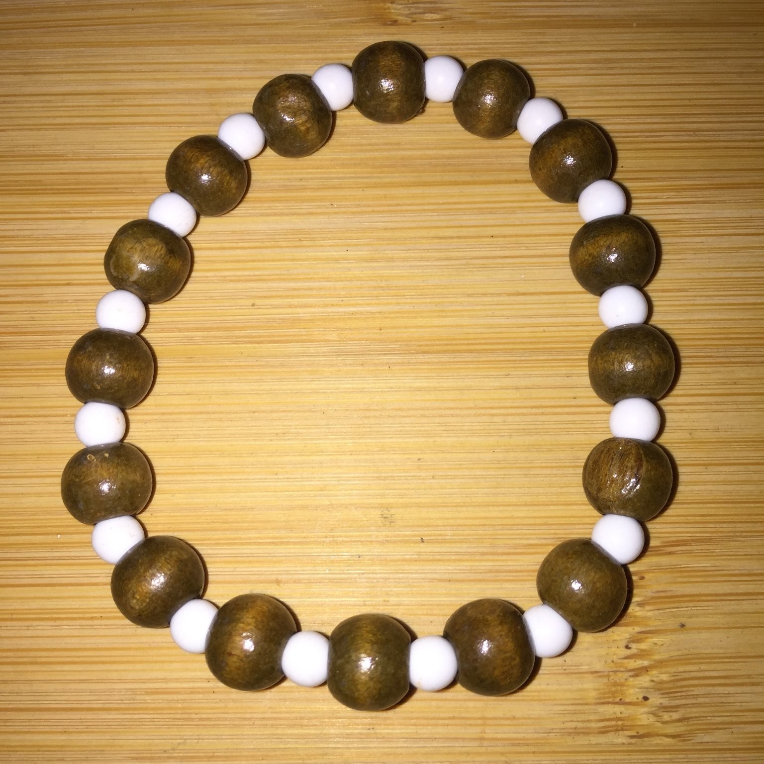 Vintage Wood & Acrylic Beaded Stretch Bracelet Brown White Boho Style