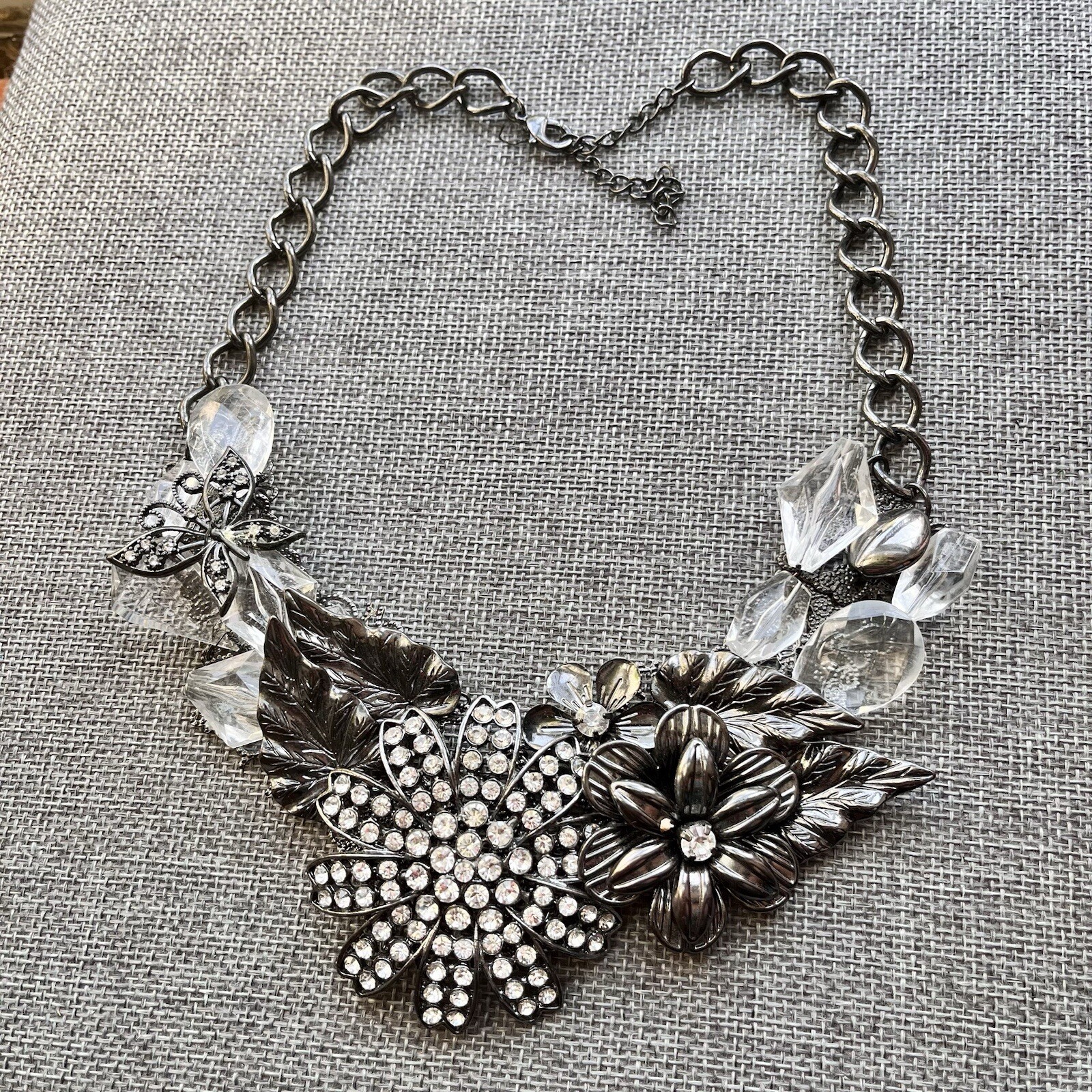 Goth Statement Necklace – Gunmetal & Crystal Floral Necklace – Chunky Necklace