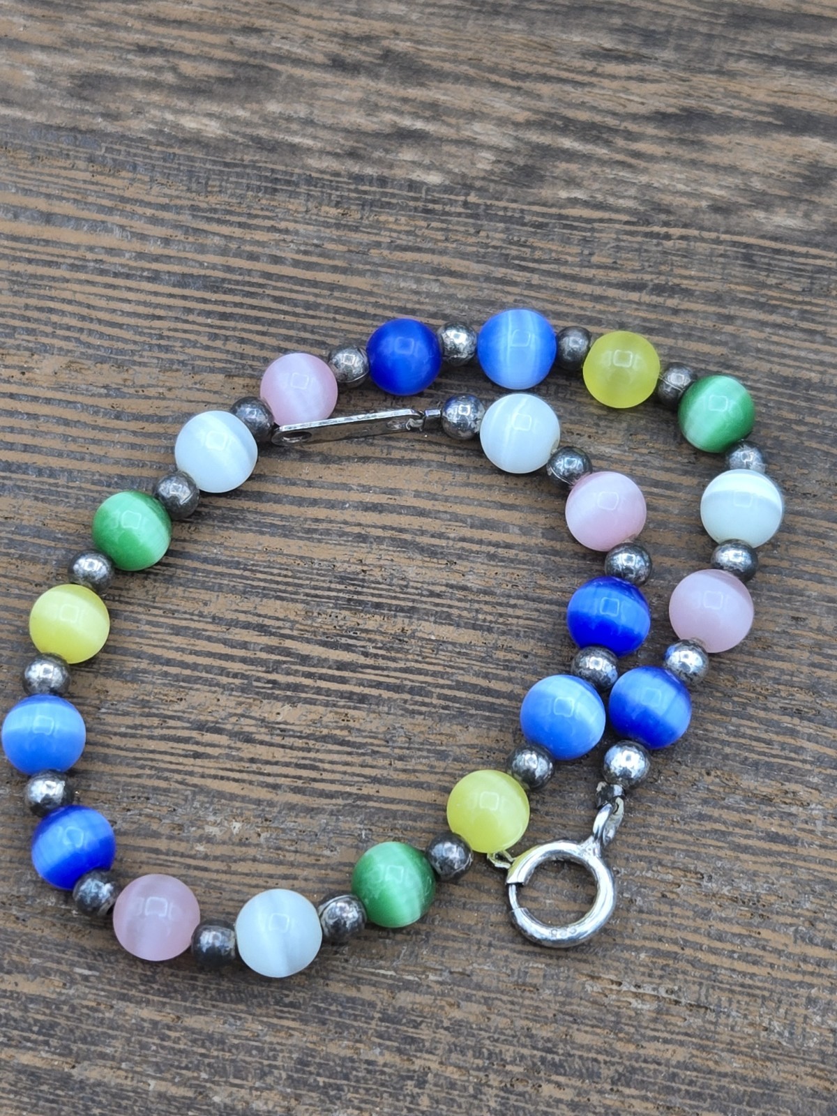 925 Sterling Silver Multicolor Glass Cat Eye Bead Necklace 18″ and Bracelet 7.5″
