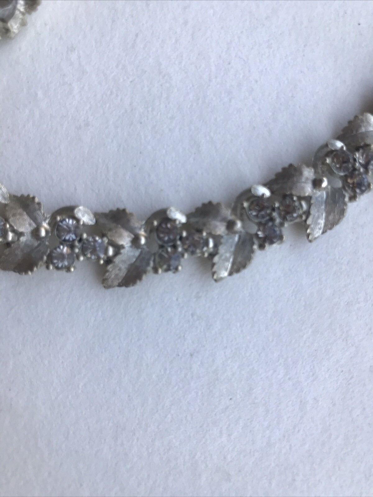 VTG Art Deco Silver Tone Leaves Cluster Rhinestones Choker Necklace 16” 1950s
