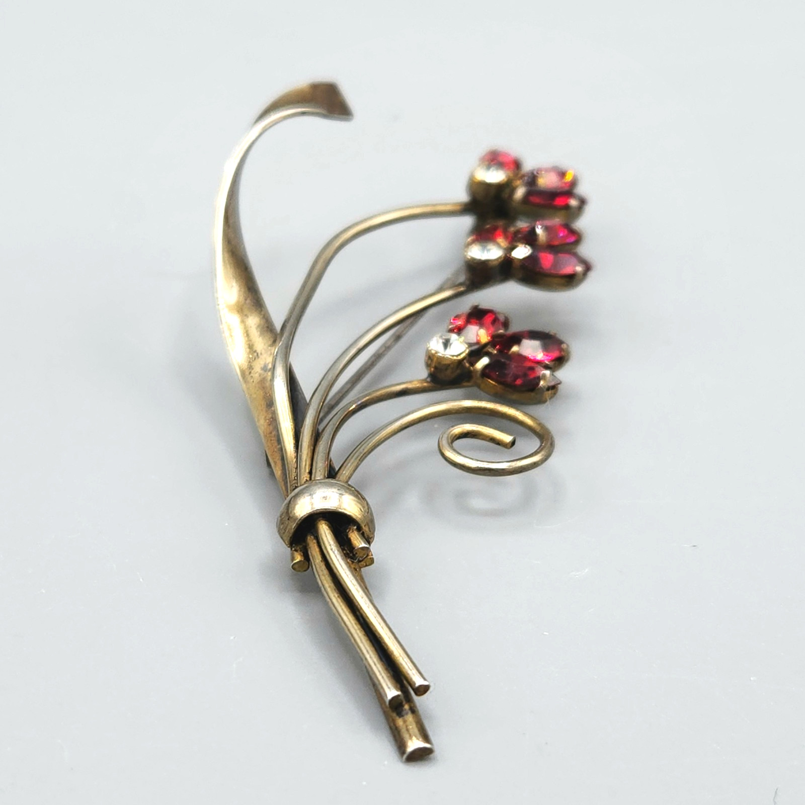 Retro Gold Wash Sterling Silver Siam Red Marquise Glass Flower Bouquet Brooch