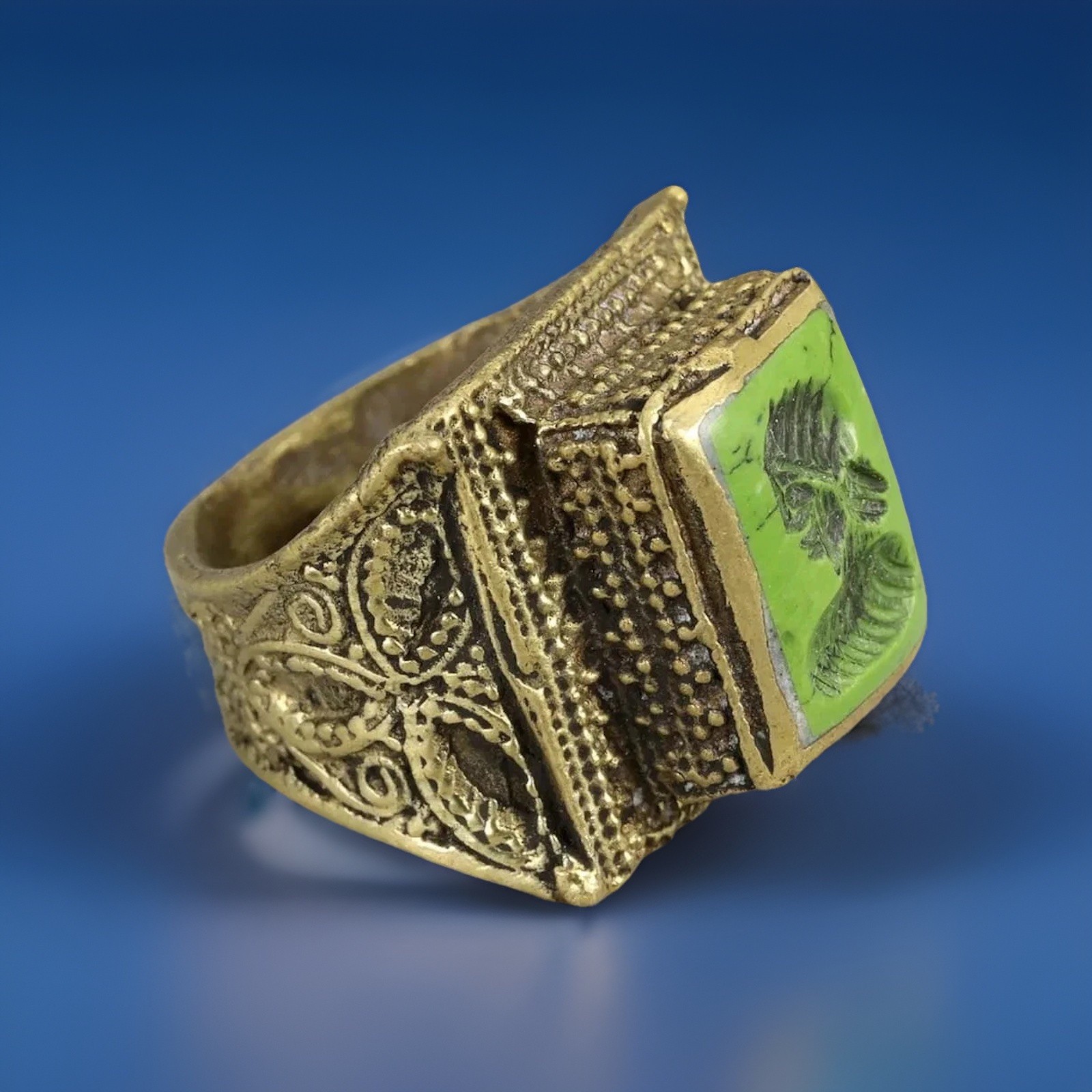 Old World Style Intaglio Ring – Green Engraved Stone, Ornate Scrollwork Band