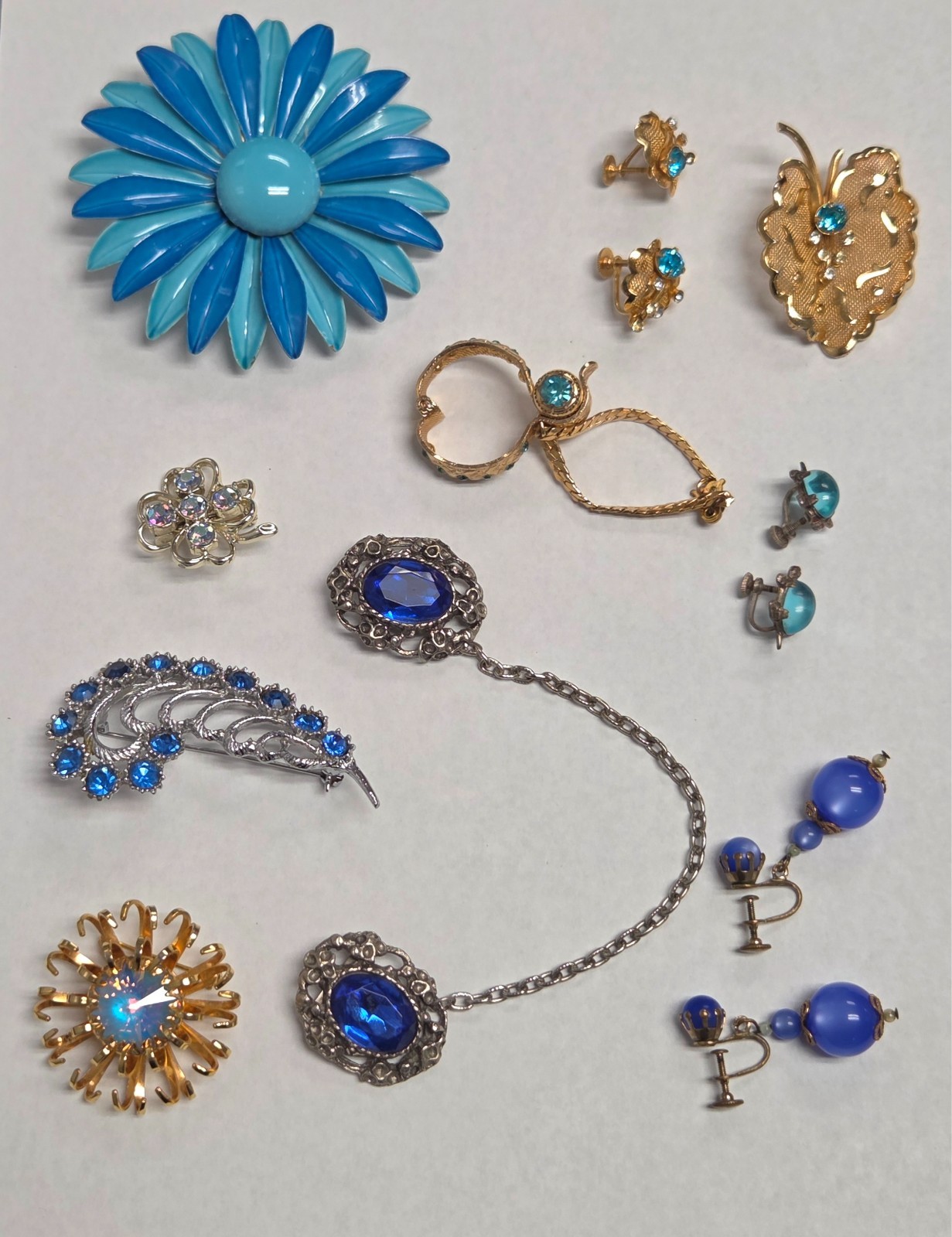 Vintage Blue Costume Jewelry Lot Earrings Brooch Pin Glove Holder Cloak Clasp
