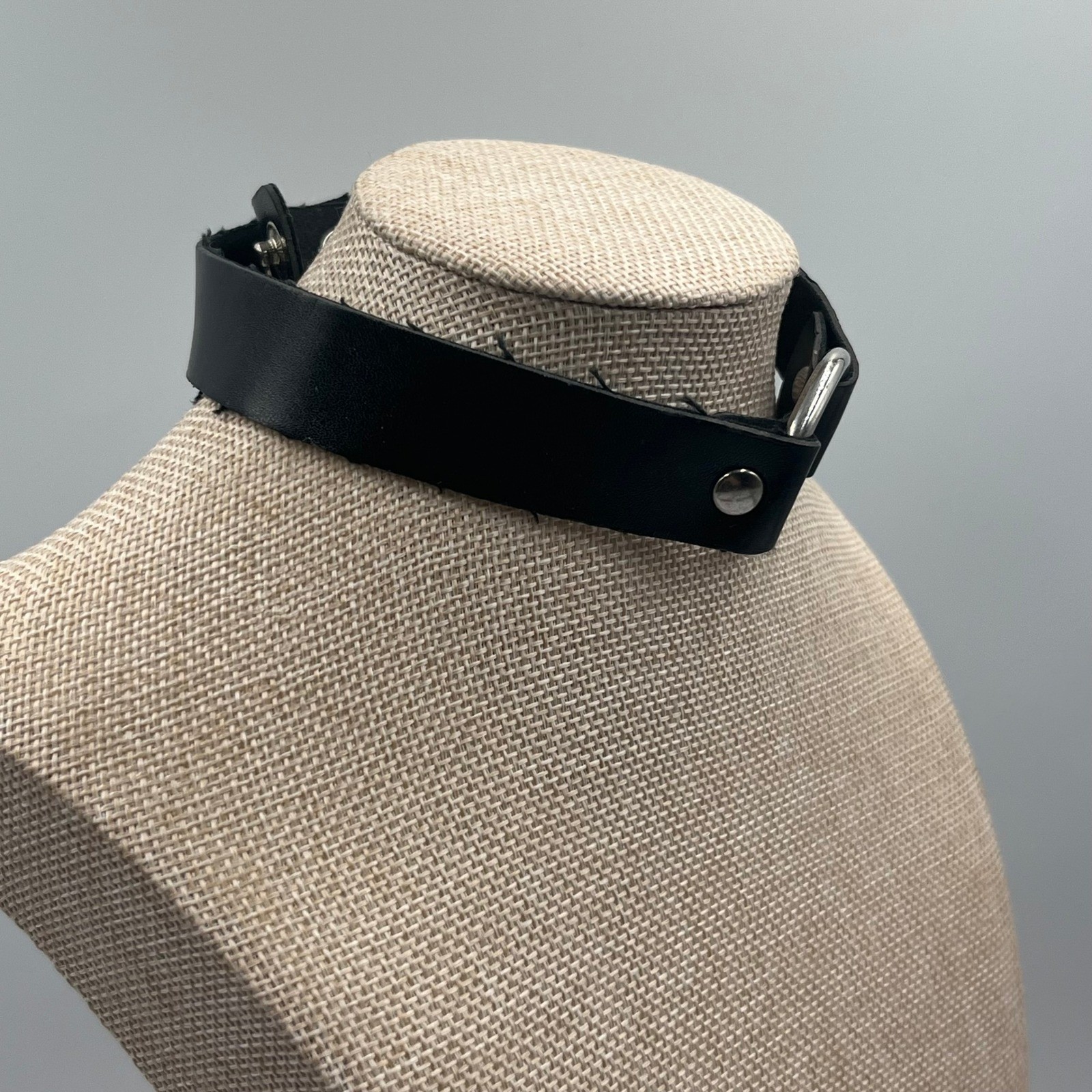 Vintage Black Leather O-Ring Choker Necklace Silver Tone Goth Punk Alt Statement