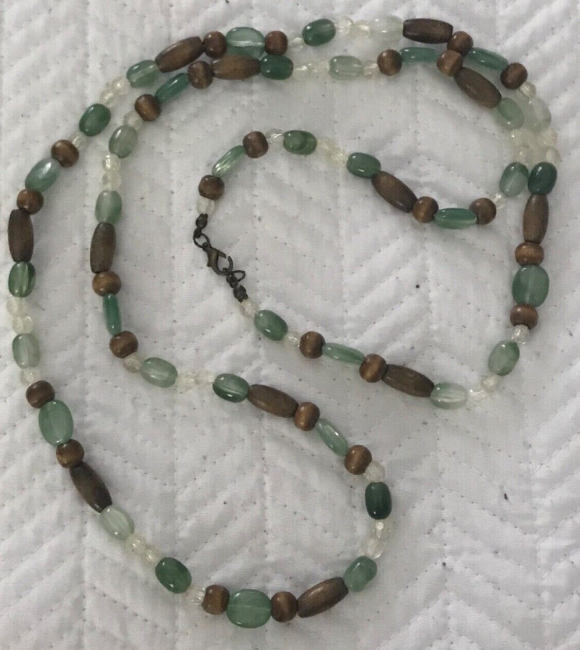 Boho Hippie 19” Necklace Different Shaped Brown Green White Clear Fashion Beads