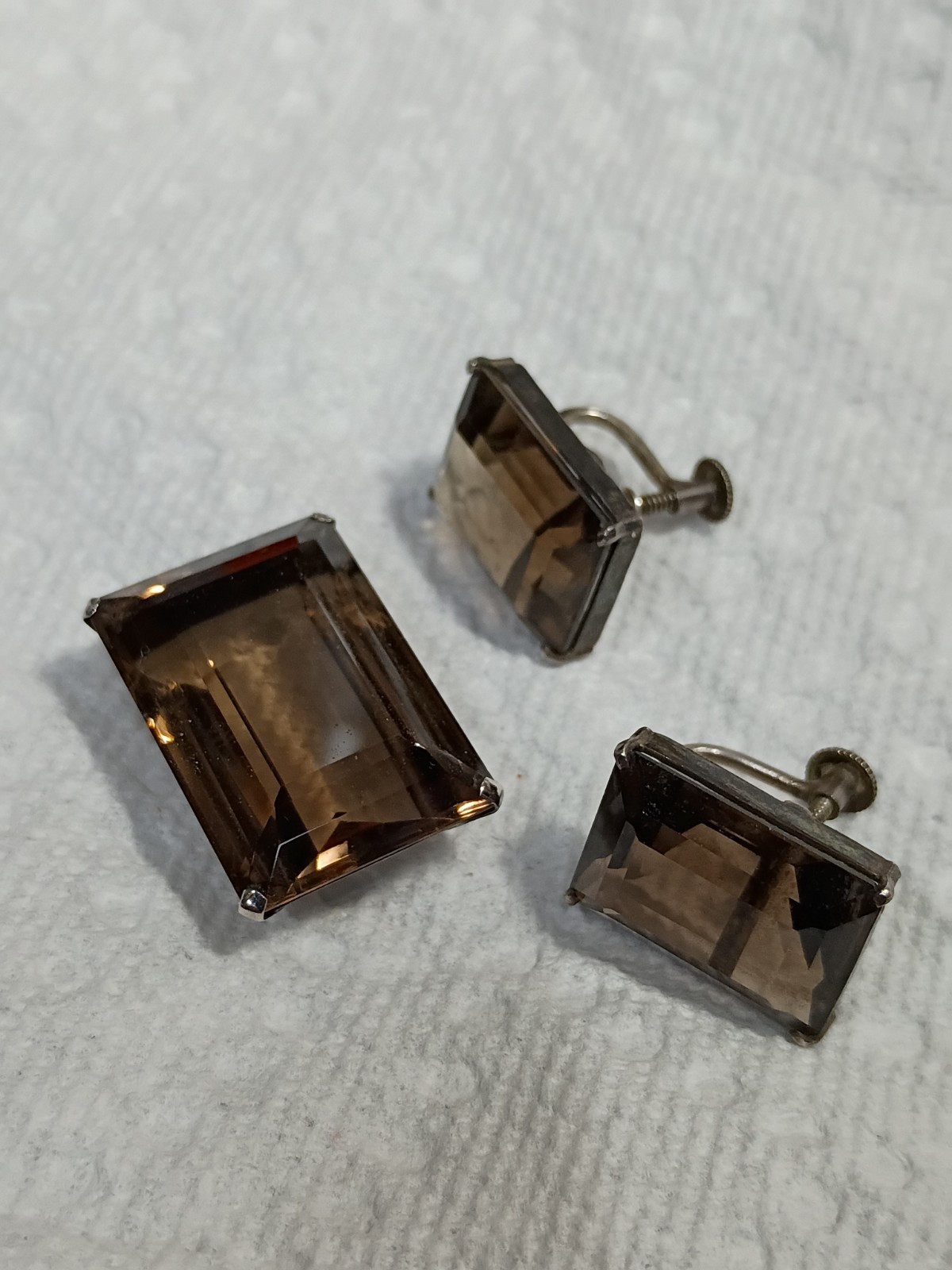 Vintage Emerald Cut Smokey Quartz Pendant And Screw back Earrings Set