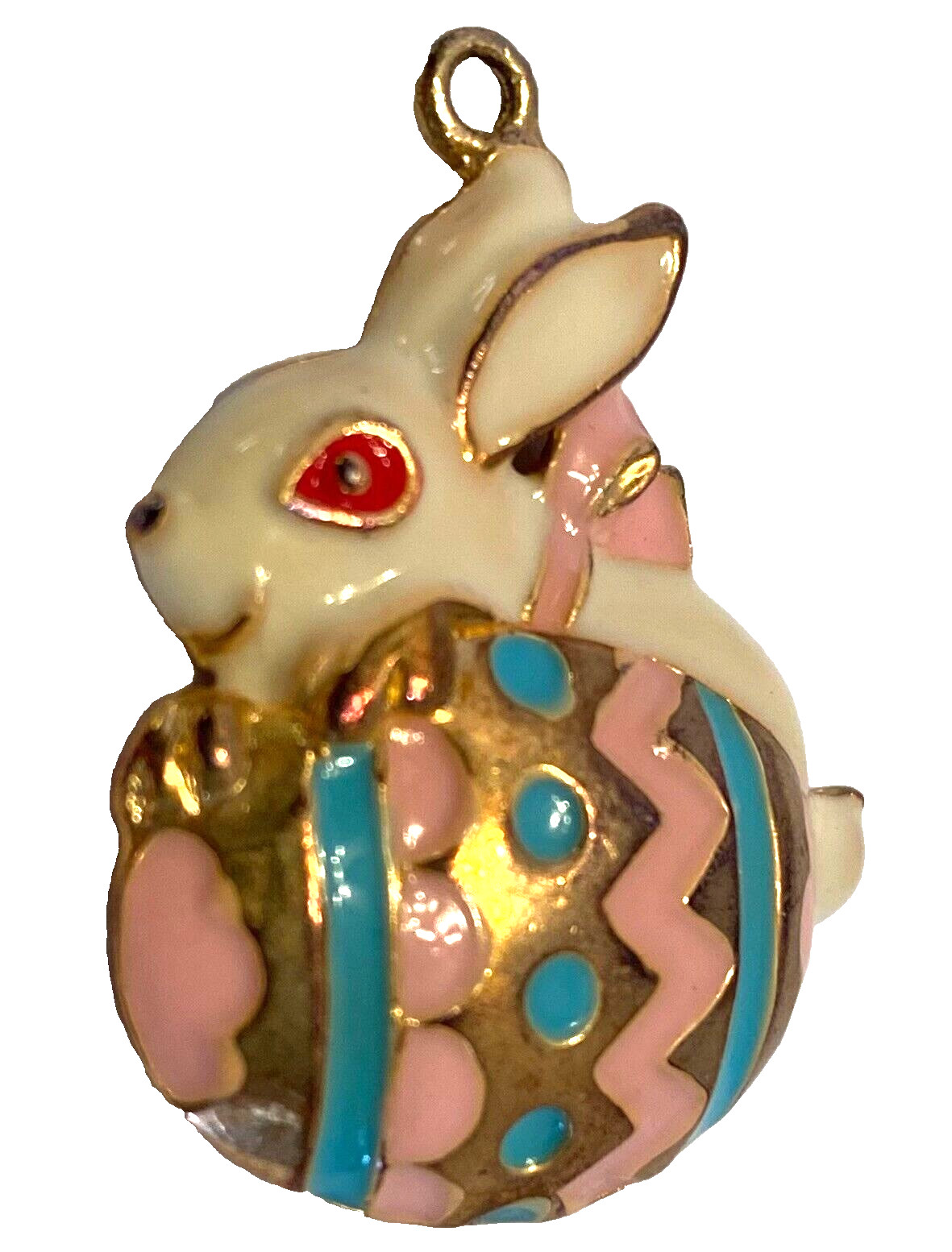 Vintage Gold Tone/Enamel Blue/Pink/Ivory/Red Bunny/Easter Egg 1.5 Inch Pendant