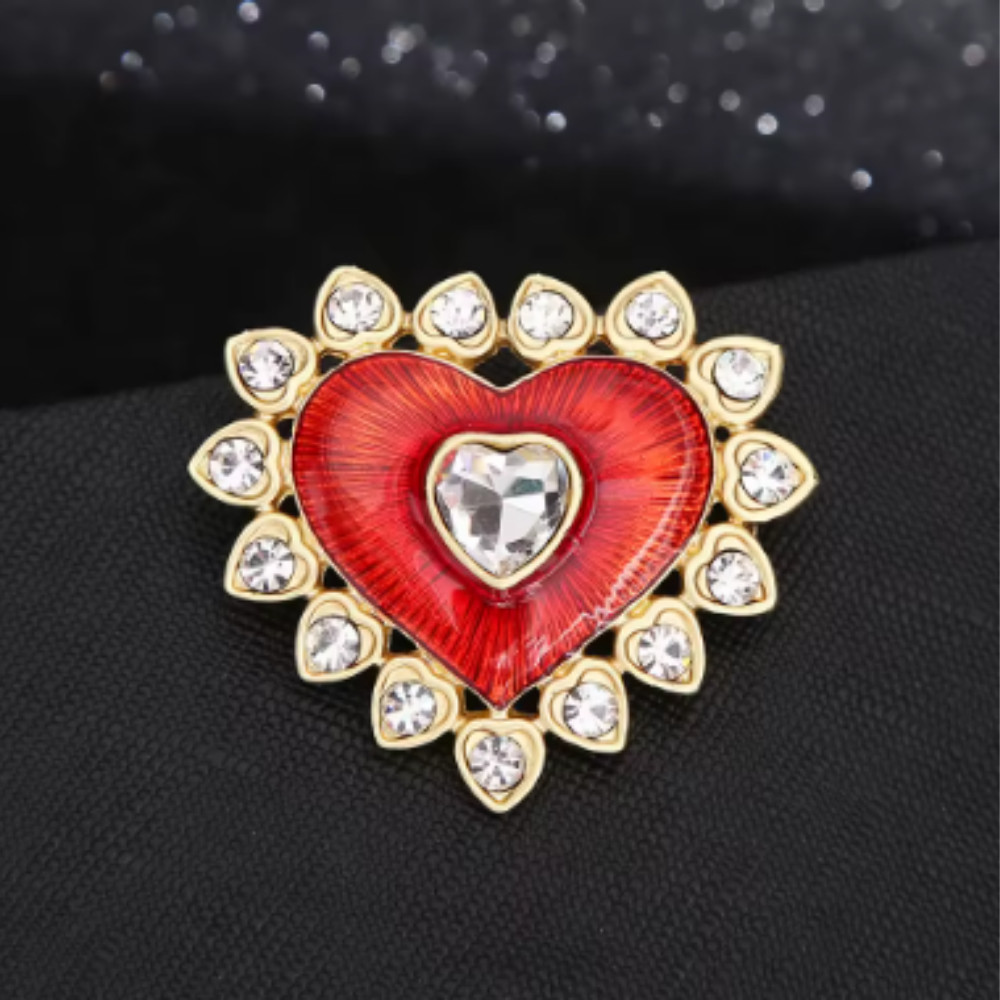 Valentine’s Day Red Rhinestone Crystal Heart Brooch Love Pin Women Jewelry Gift