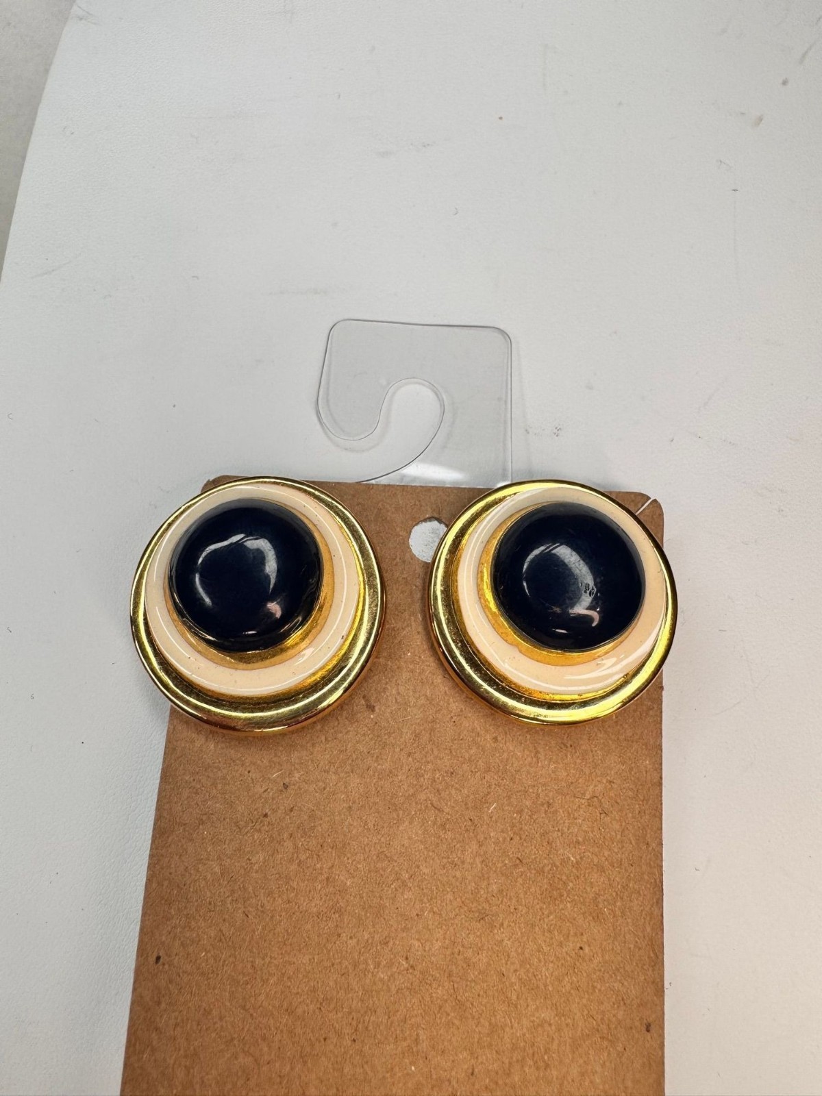 off white navy blue enamel gold tone heavy 90s clip on earrings