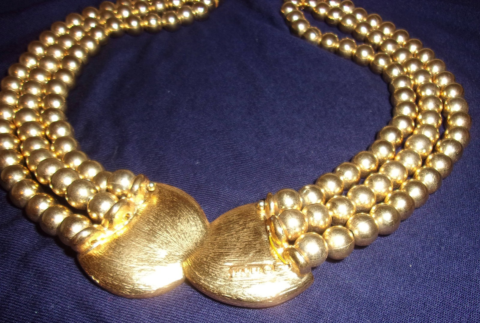 Vintage Tri Strand Beaded Napier Wide Gold Tone Statement Runway Necklace 16″