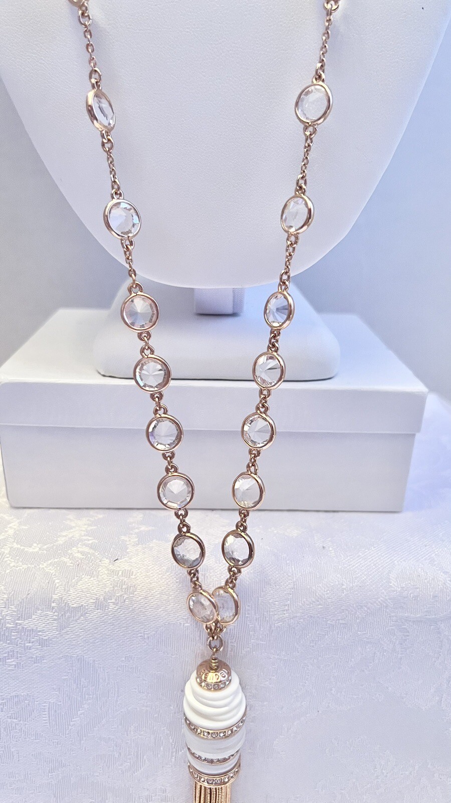 Vintage Henri Bendel Rose Gold Tone Glass Tassel Necklace 32 Inches Rhinestones
