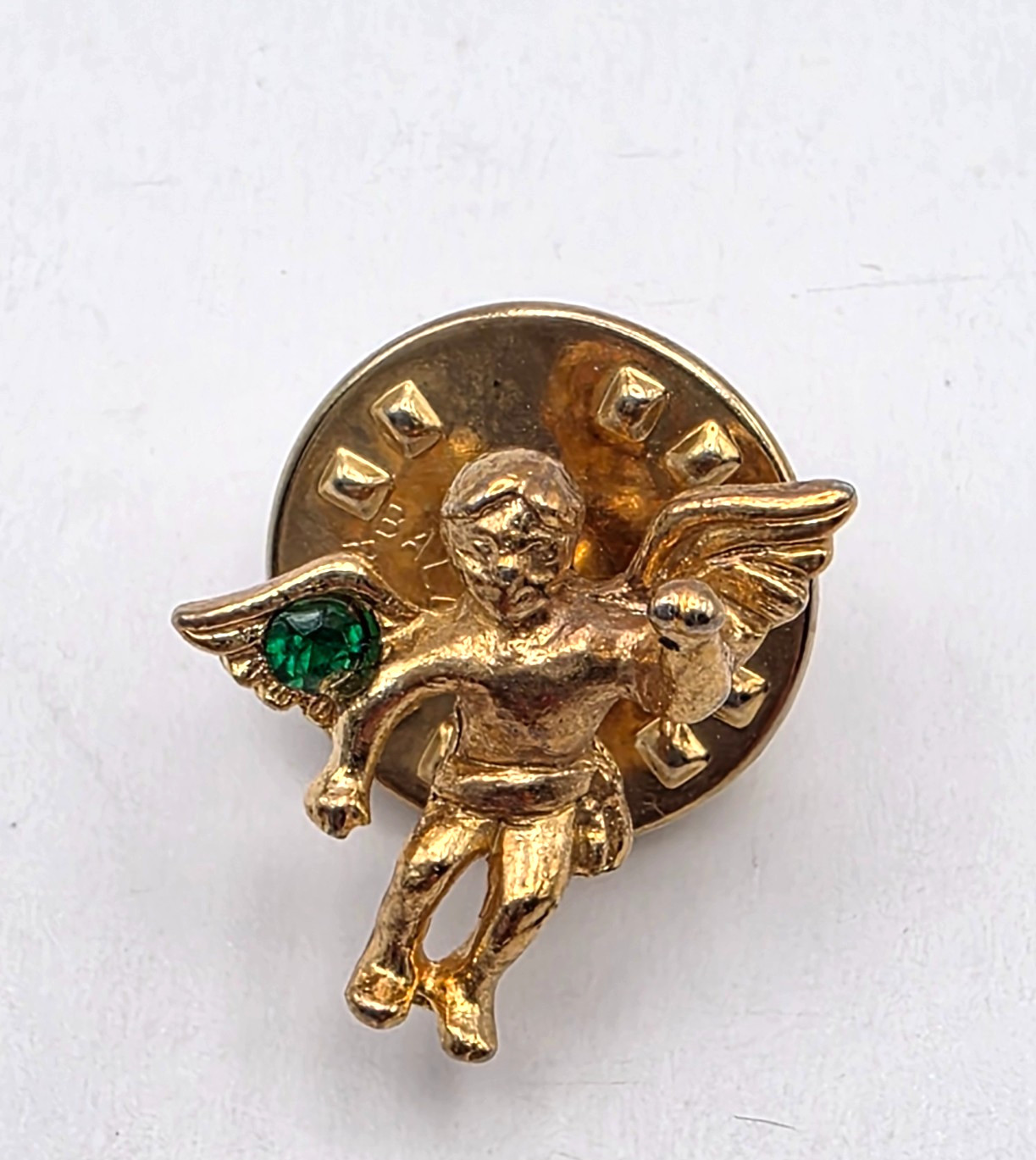 Guardian Cherub Angel Lapel Pin Faux Gold Tone Rhinestone Green Crystal T&T Vtg