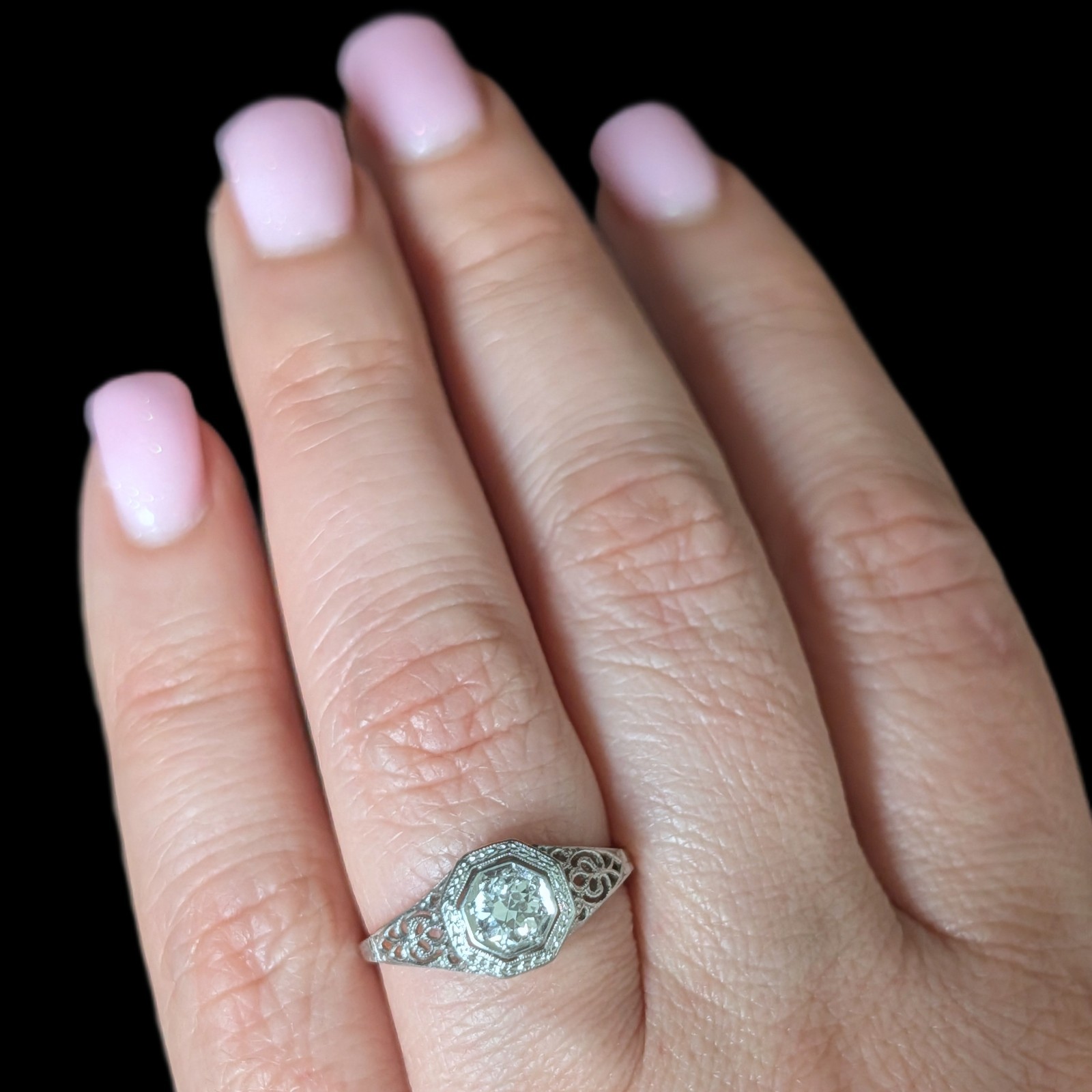 Art Deco Old European Cut Diamond 14k White Gold Platinum Engagement Ring 1920s