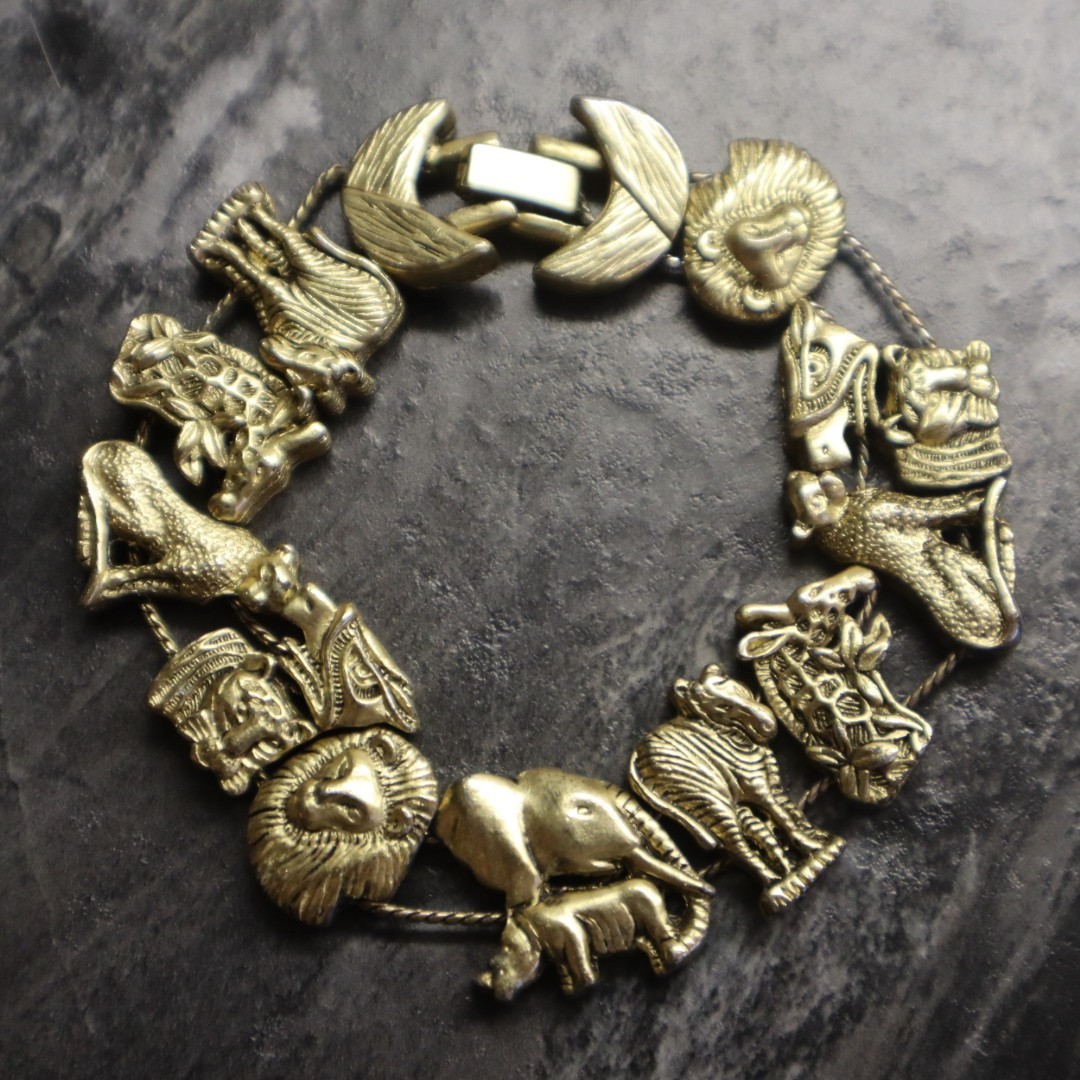 Vintage Slide Safari Animals Charm Bracelet Gold Tone Metal