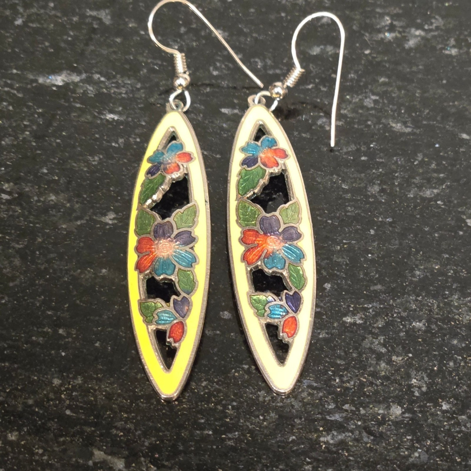 Vintage yellow Cloisonne Enamel Flowers Dangle Hook Earrings rainbow floral boho