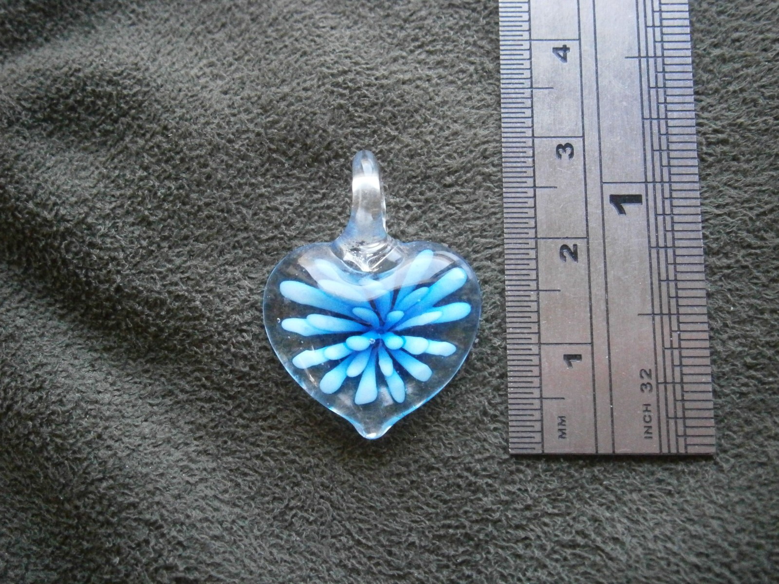 Handblown Blue Flower in Heart Vintage Glass Pendant 3.3g
