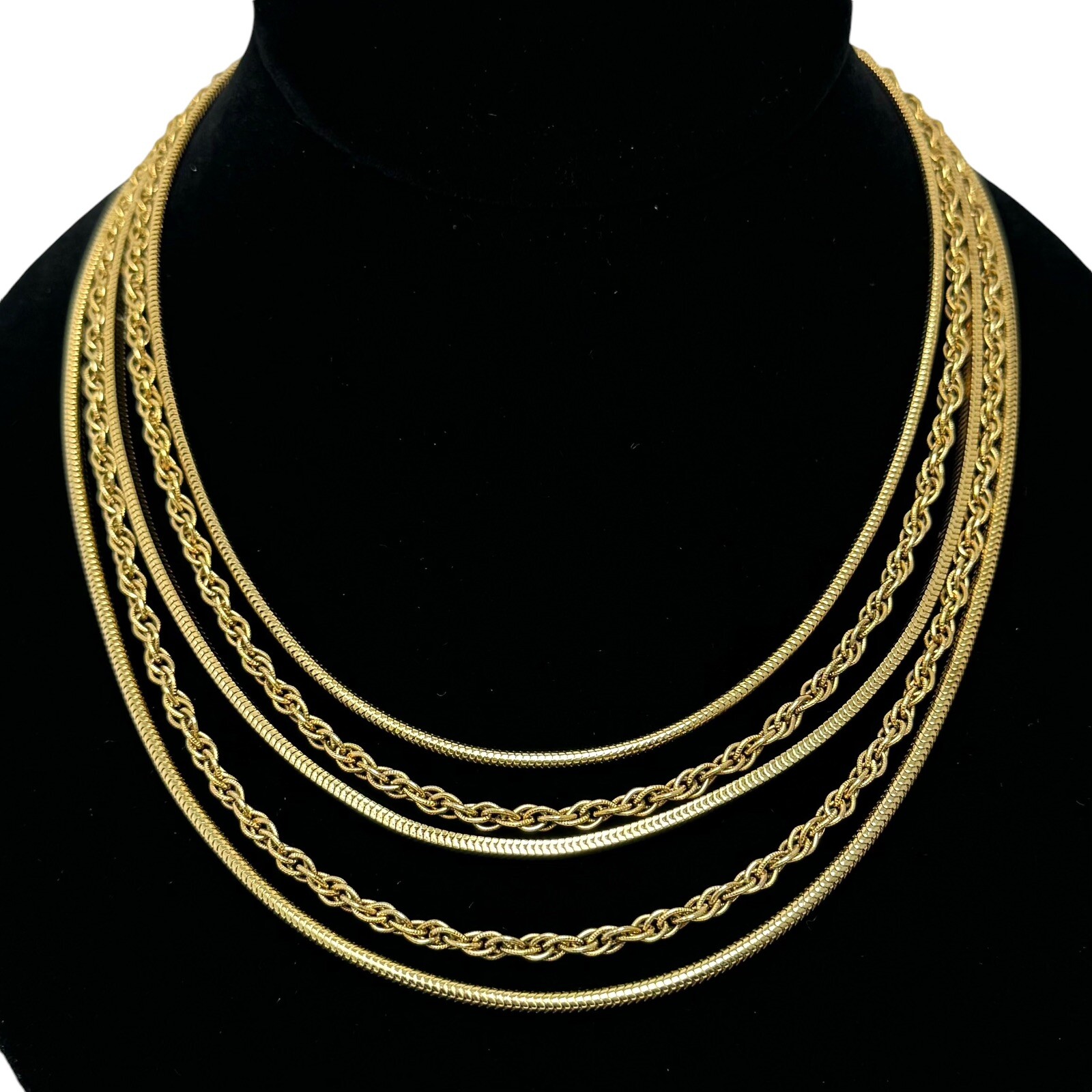 Vintage Gold Tone 5 Layered Flat Serpentine and Multilink Chain Collar Necklace