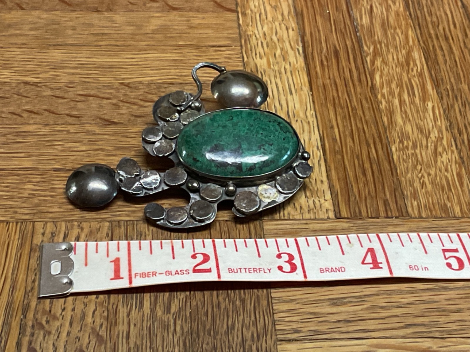 Vintage ISRAEL 925 Sterling Silver Chrysocolla Brutalist Brooch Pendant 44g
