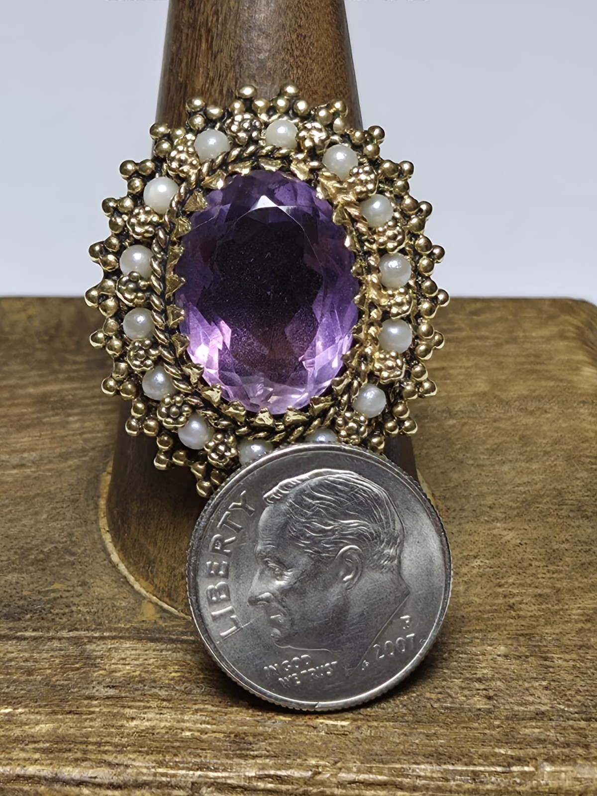 Vintage Signed 14k Yellow Gold Amethyst & Seed Pearl Ring Size 10