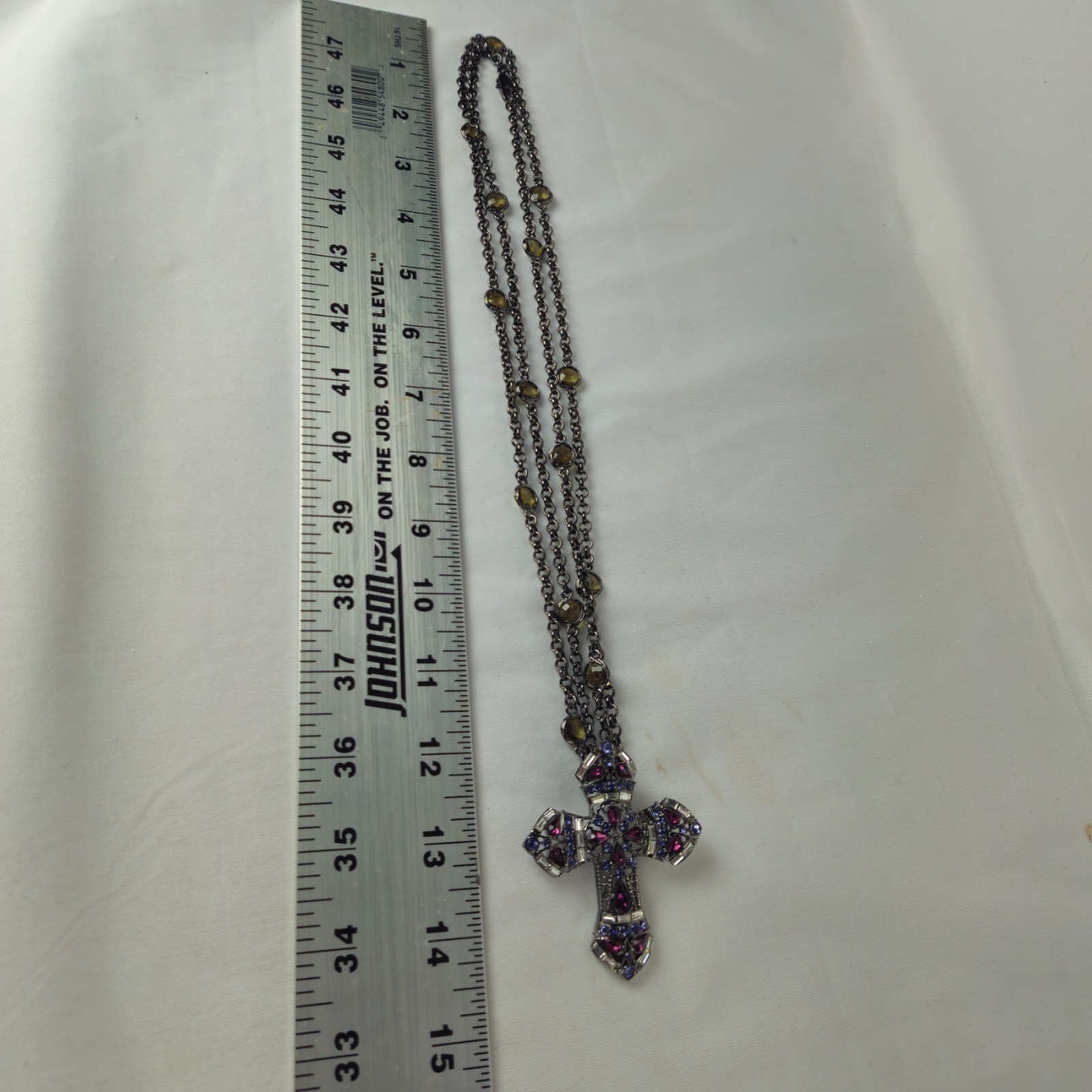 Real Collectibles by Adrienne Purple Crystal Gemstone Cross + 50″ Necklace VTG