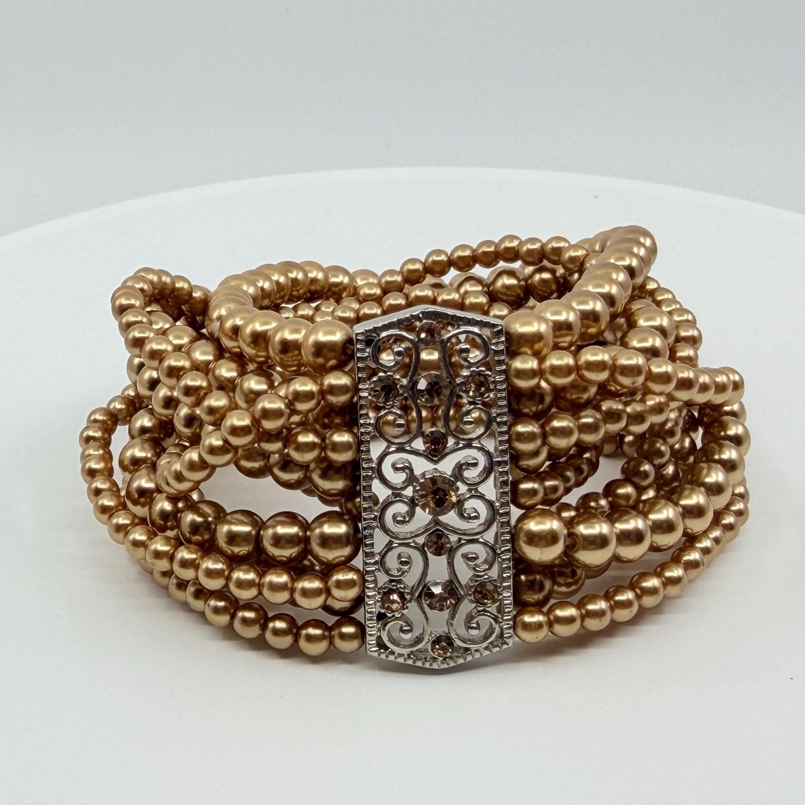 Bracelet Vintage Champagne Faux Pearl Multi Strand Silver Tone Filigree Retro
