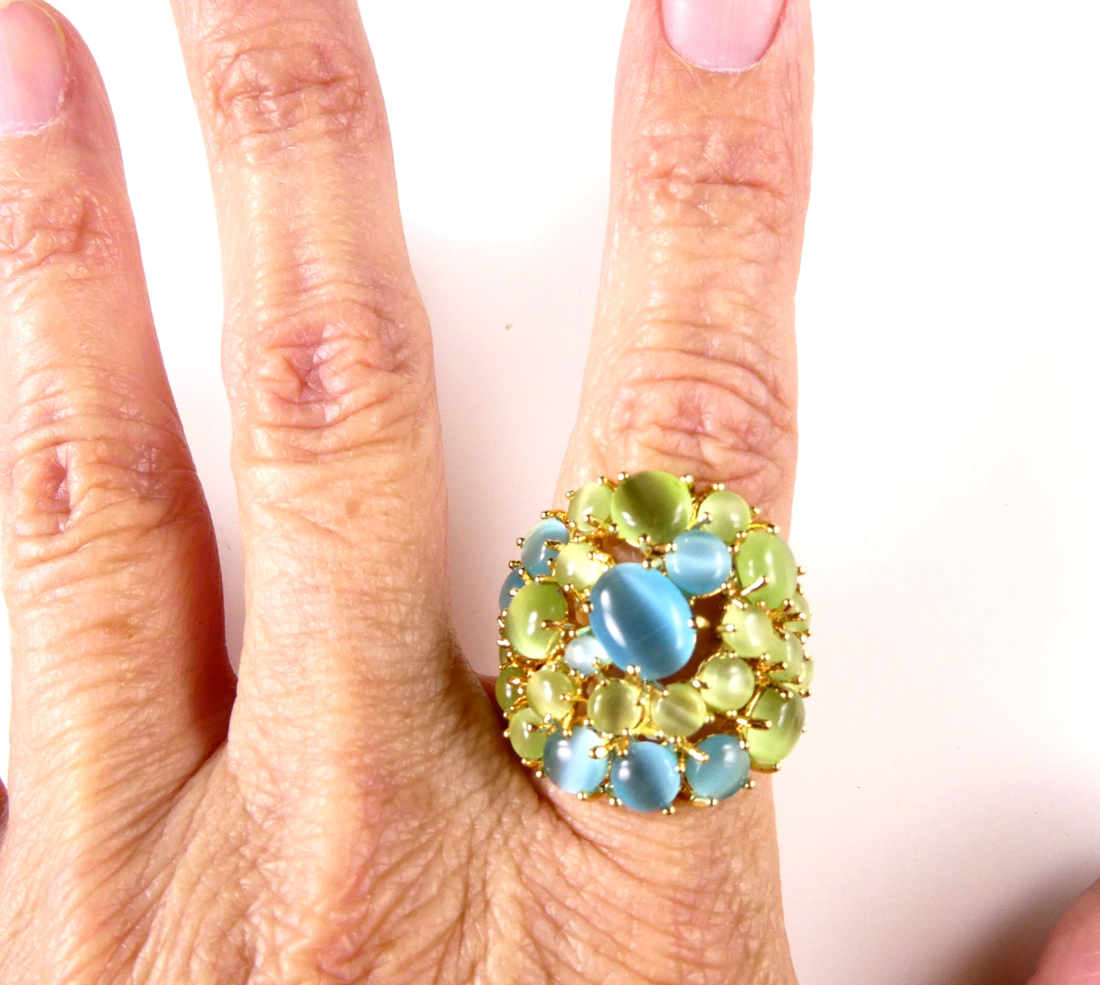 Pretty Blue & Lime Green Cocktail Ring Size 8 Moonstone Cabochons Gold Tone