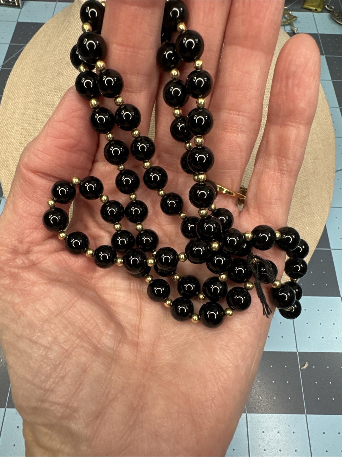 VINTAGE 1990’S 14K GOLD FILLED 8.4MM BLACK ONYX BEADS 26” NECKLACE Pullover J103