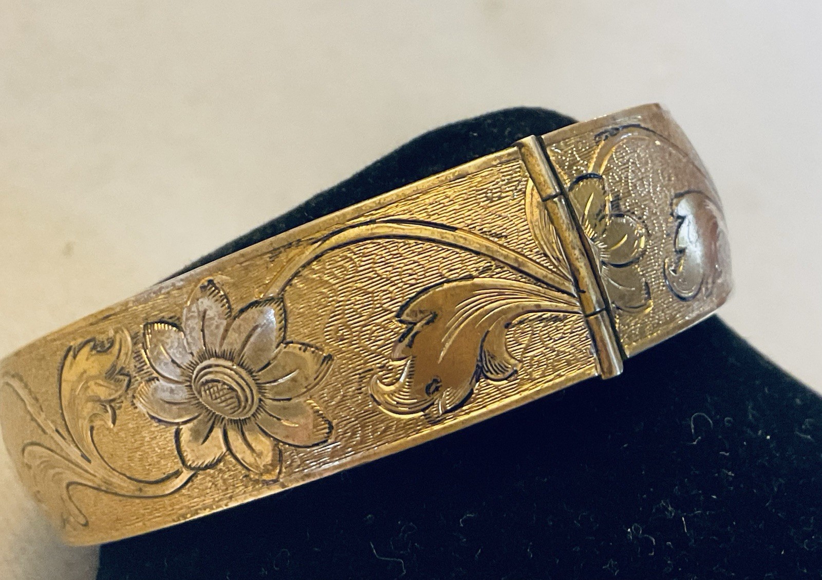 Vintage Bangle Hinged Bracelet Etched Flowers Gold Tone Textured