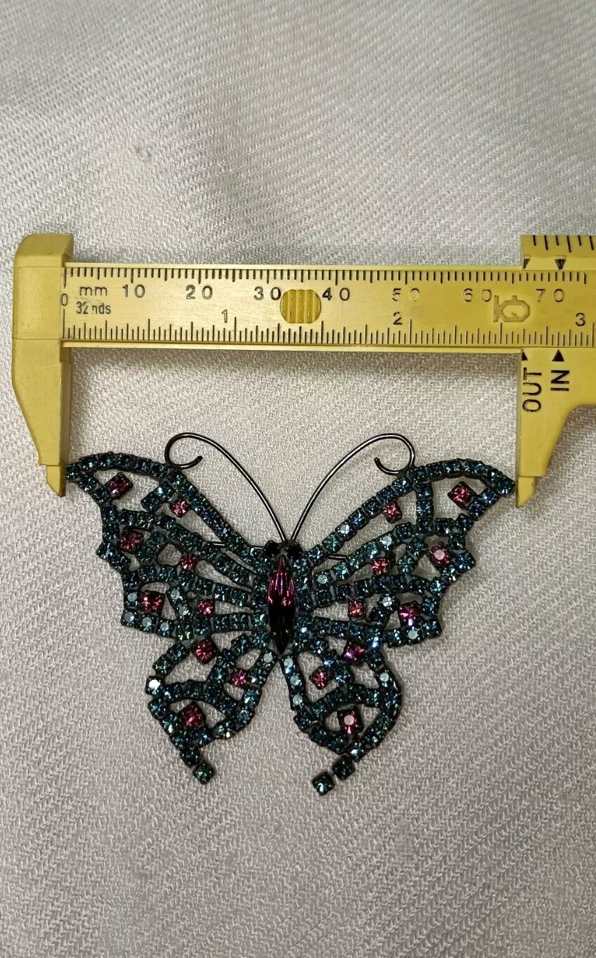 Vintage Dorothy Bauer Gunmetal Pink Blue Crystal Butterfly Pin Brooch