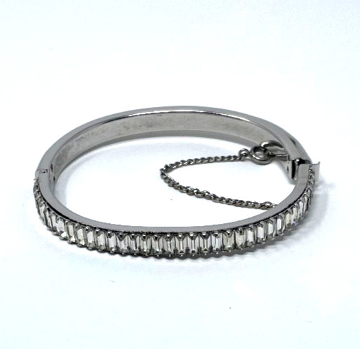 Vintage Rhinestone Baguette Bangle Bracelet Silver Hinged Oval XS 6″ Small Wrist