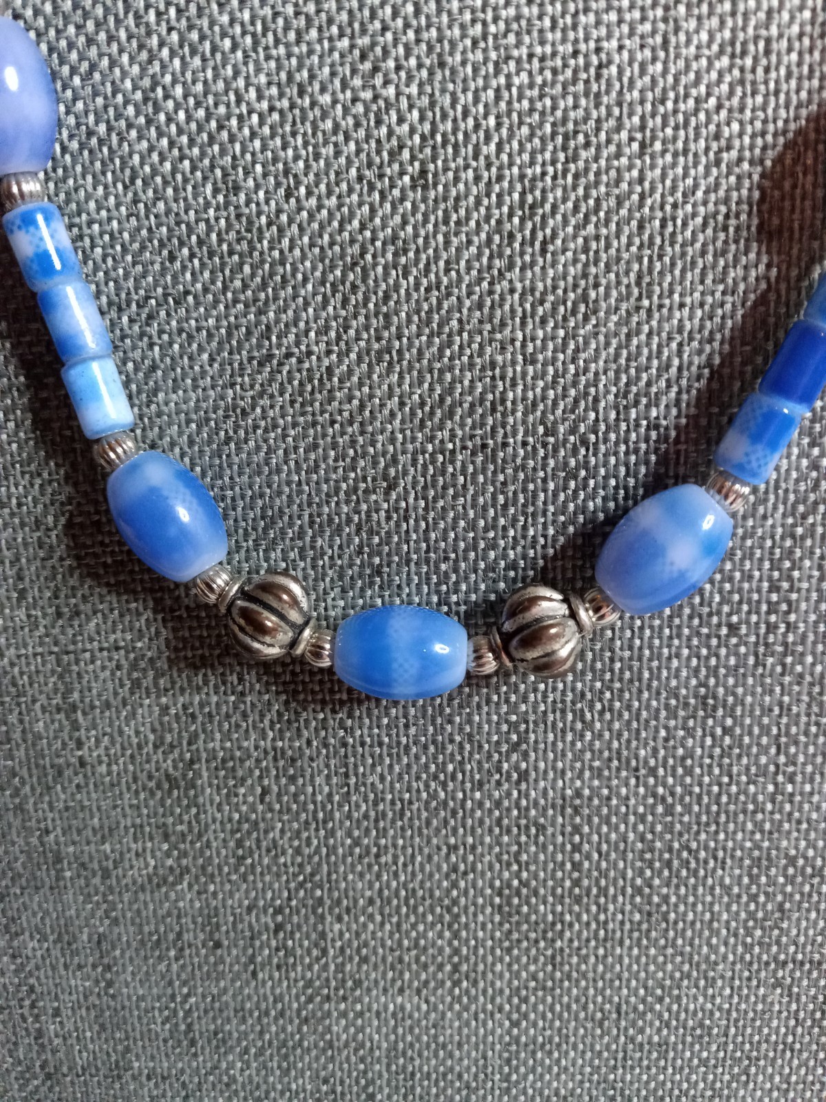 Lapis Lazuli Blue Beaded Glass Necklace 17″ Long with Silver Spacer Beads