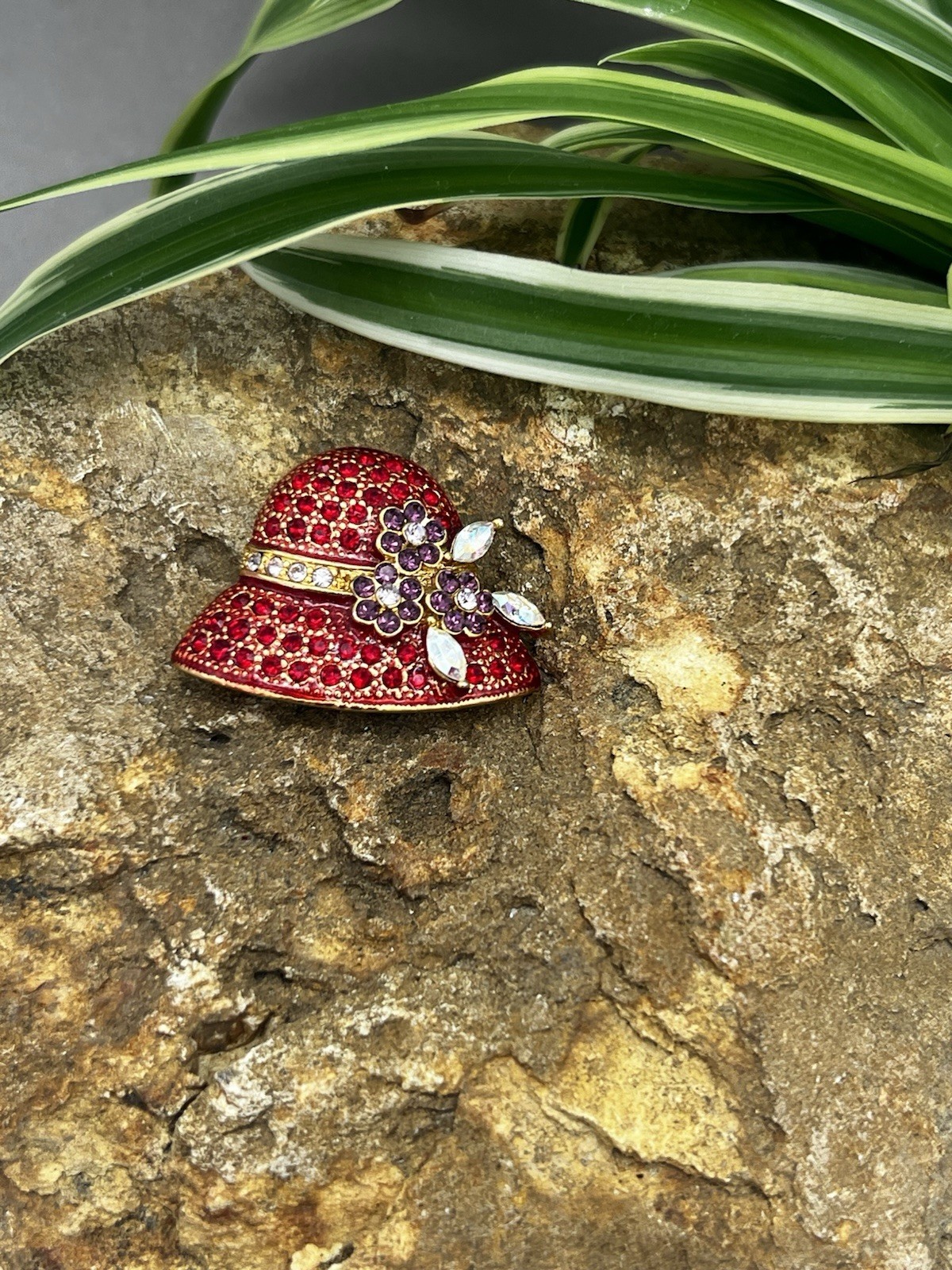 Vintage Red Hat Brooch Red Rhinestone Purple Flower Pin