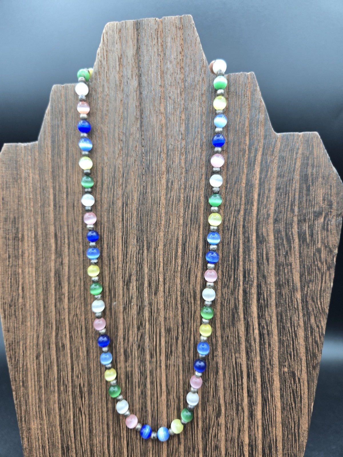 925 Sterling Silver Multicolor Glass Cat Eye Bead Necklace 18″ and Bracelet 7.5″