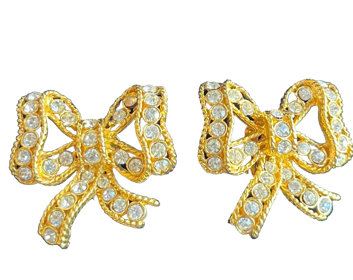 Vintage 1980s Rhinestone Bow Gold Tone Clip Earrings Bridal Statement Signed AFJ