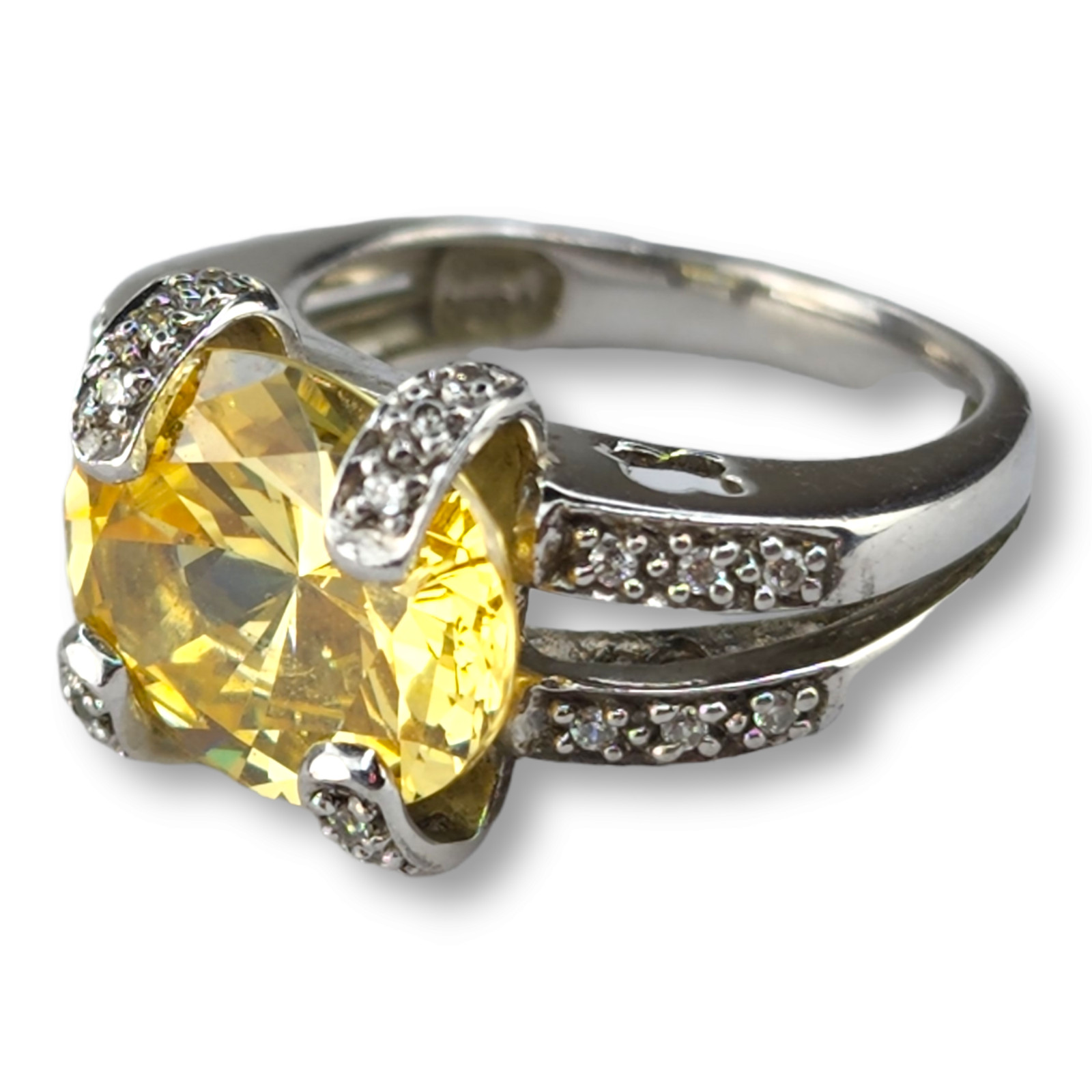 Vintage Sterling Silver 925 Yellow Faceted Citrine and Cubic Zirconia Ring SZ 5