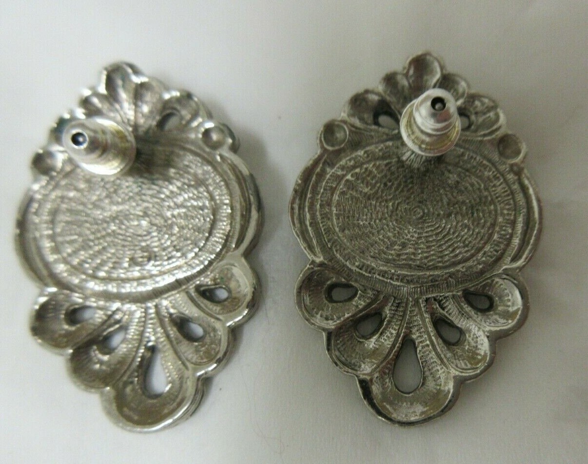 Vintage Silver Tone Faceted Blue with White Dots Faux Marcasite Pierced Earrings