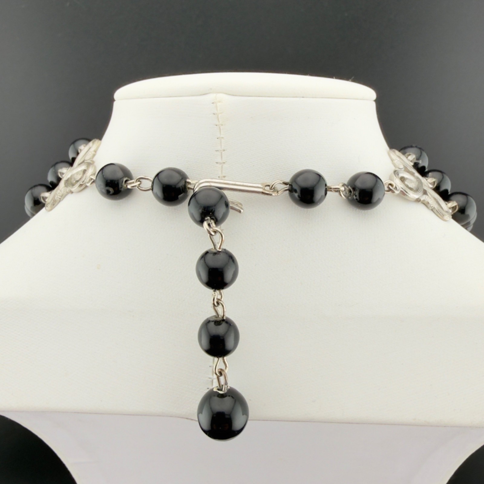 Vintage Beaded Statement Necklace Black Silver Acrylic Multi Strand