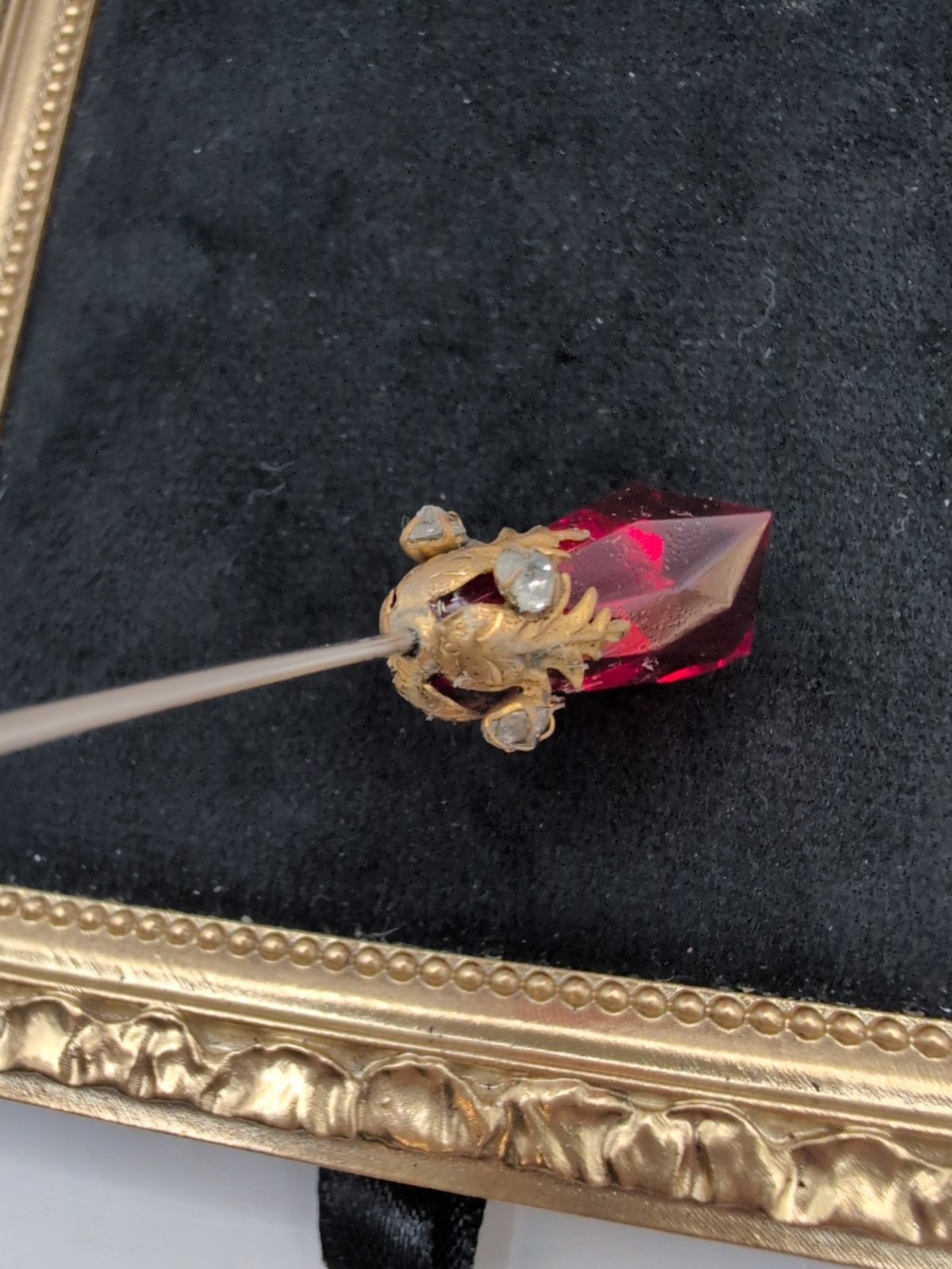 Vintage Red Glass , Rhinestone, Brass Hat Pin 7.5″