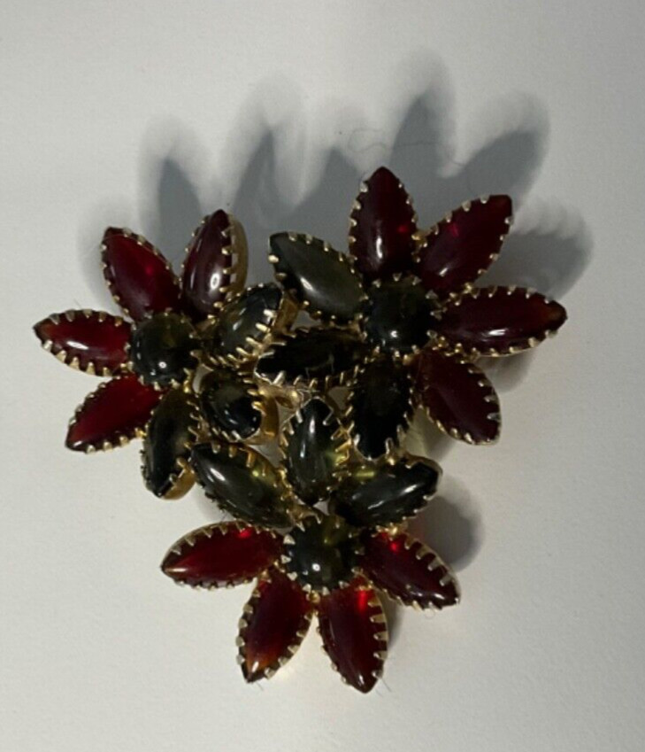 Vintage Warm Red and Gray/Green Flower Brooch approximately 2 inches long