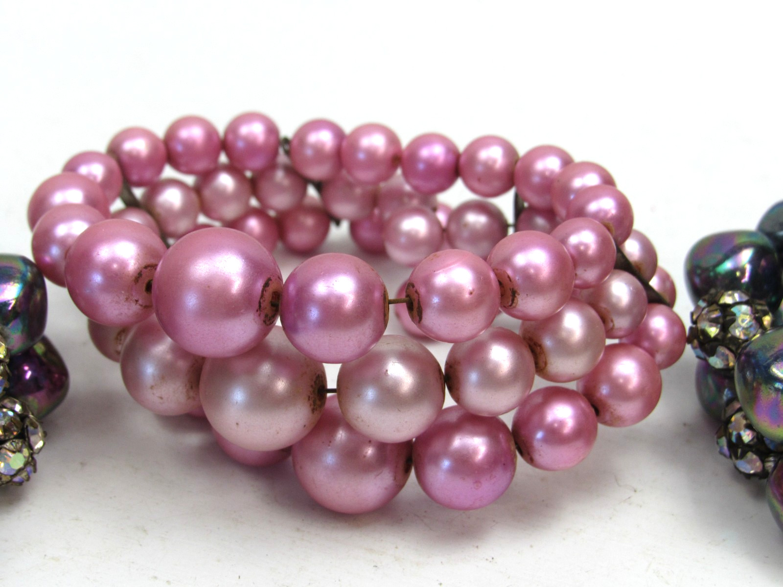 3 Vintage Beaded Stretch Cuff Bracelets Lot Pink Iridescent Rhinestone