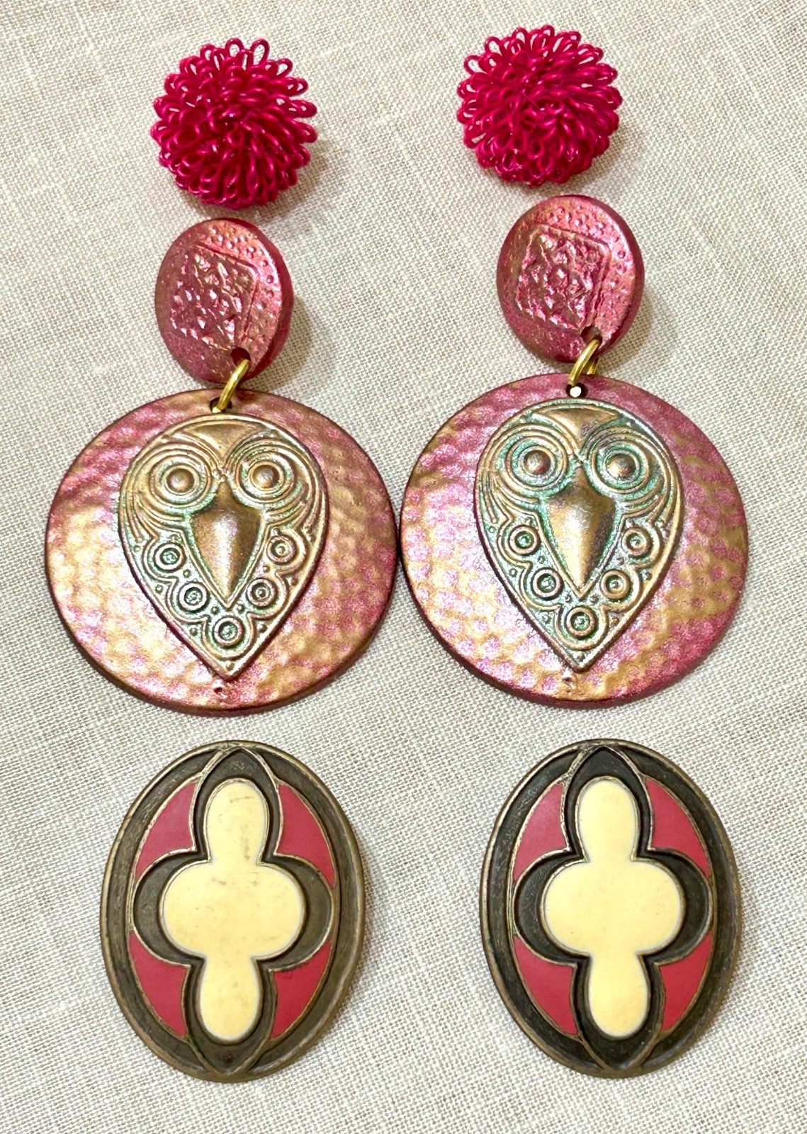 Vintage Earrings Lot of 3 Pairs 60s-80s Boho Tribal Enamel Pink Wire Hoop Studs