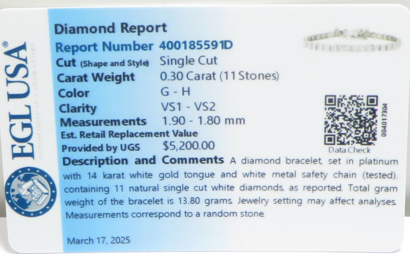 Antique 1920’s Add Diamond Straight Line Bracelet Platinum 7″ Long 0.144″ Width