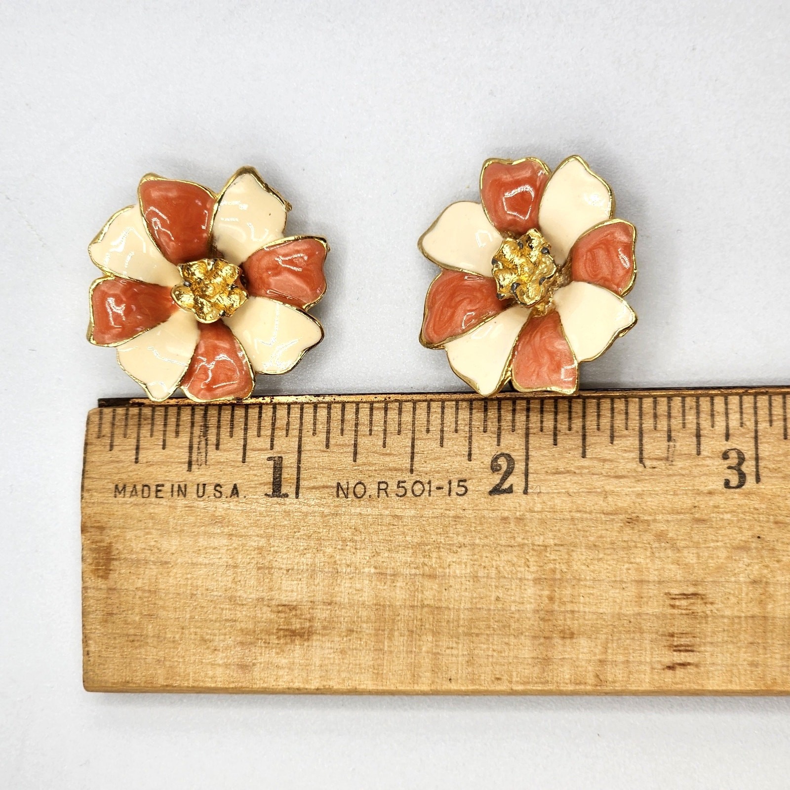 Vintage Enamel Flower Clip On Earrings Peach Orange Cream Gold Tone