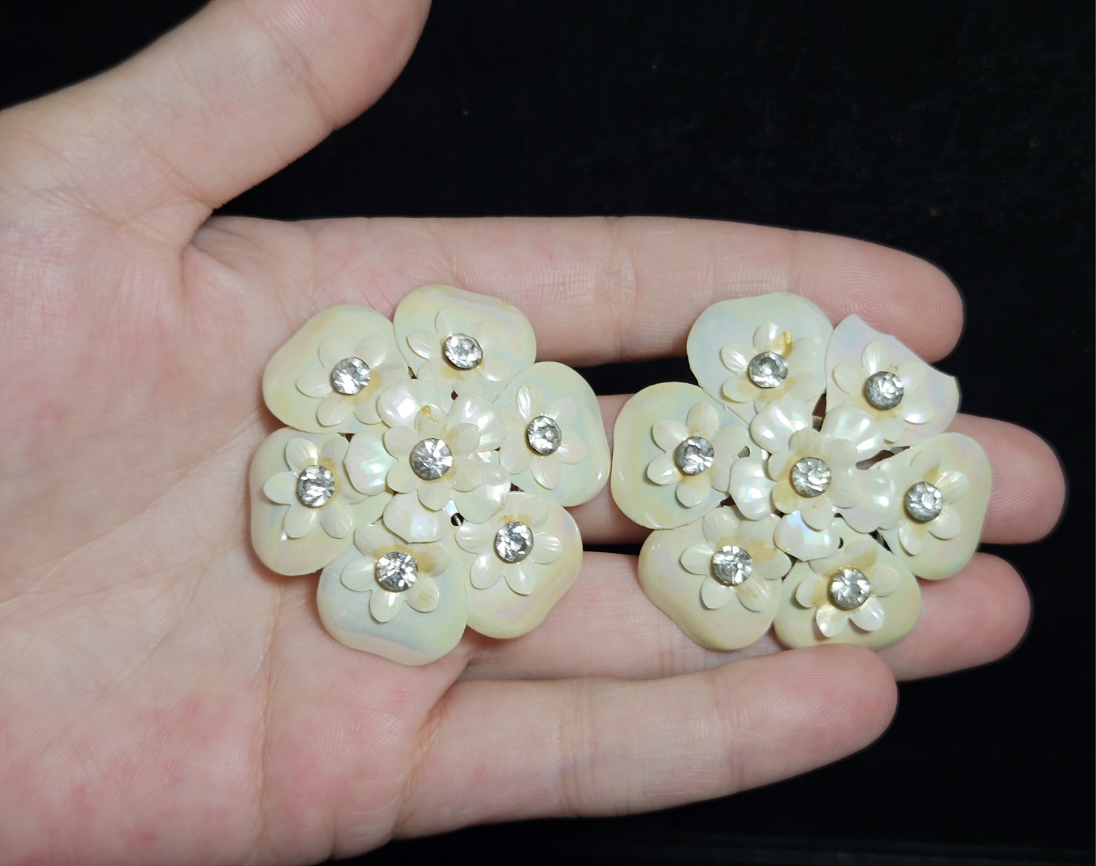 Vintage Floral Cluster Clip On Earrings Iridescent Petal Design with Rhinestone