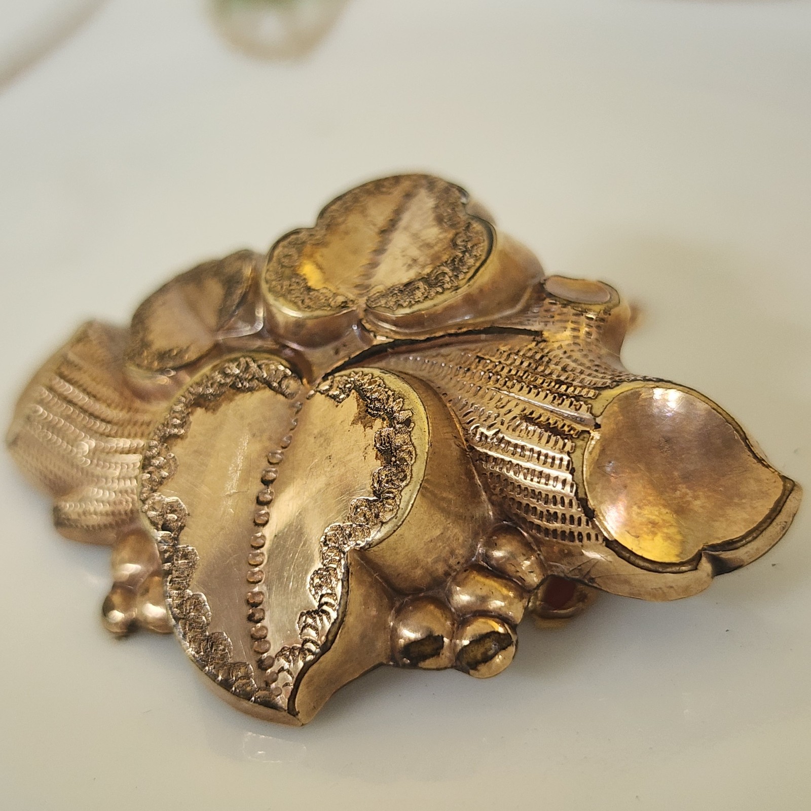 Antique Victorian Era Repousse Goldtone Brooch Garden Log Ivy Brooch
