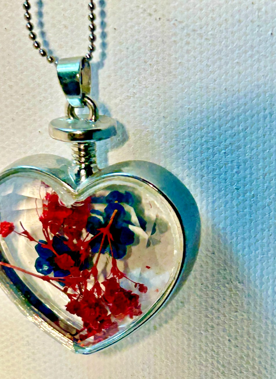 Vintage Heart Pendant Necklace Blue and Red Pressed Flowers