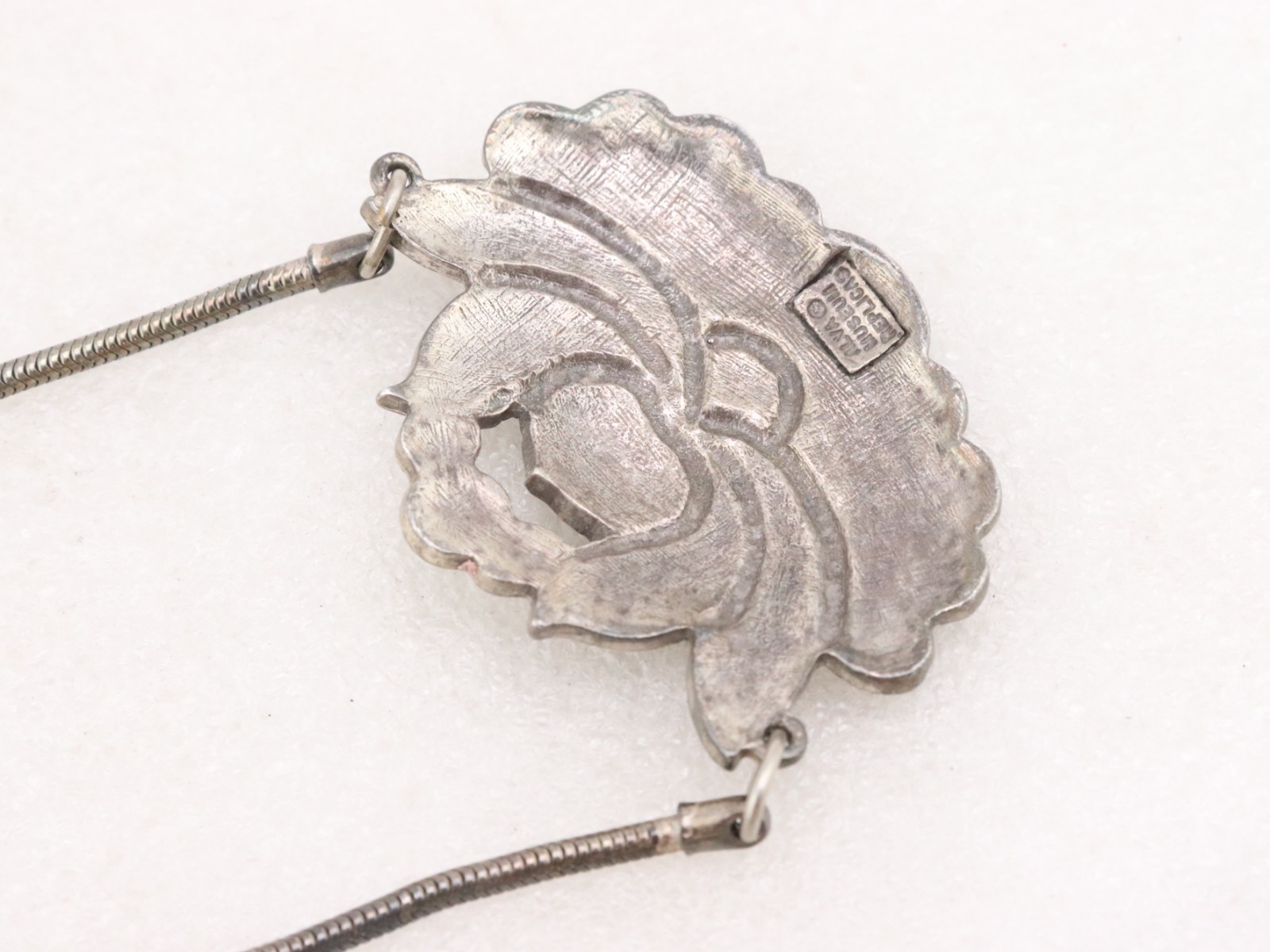 20″ Vintage Alva Museum Replicas Lotus Flower Necklace Antique Silver Tone