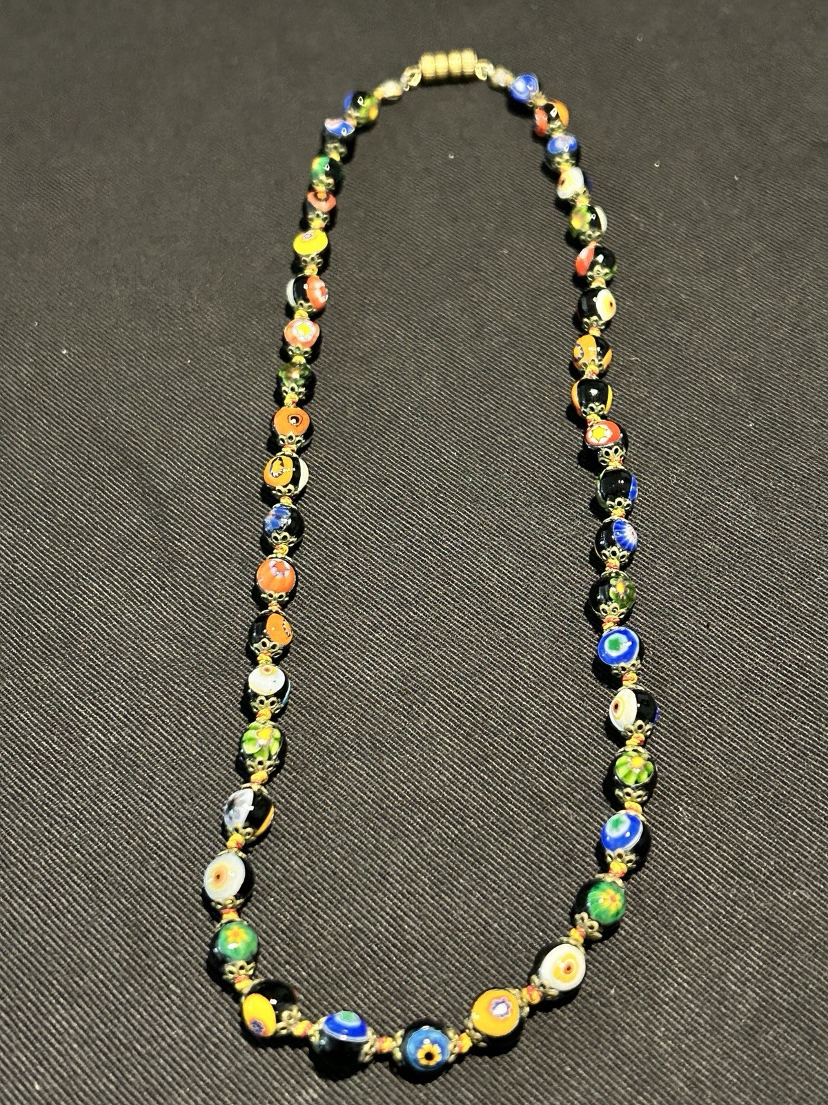 VTG Venetian Colorful Millefiori Glass Beads Knotted Choker Necklace 5mm x 17.5″