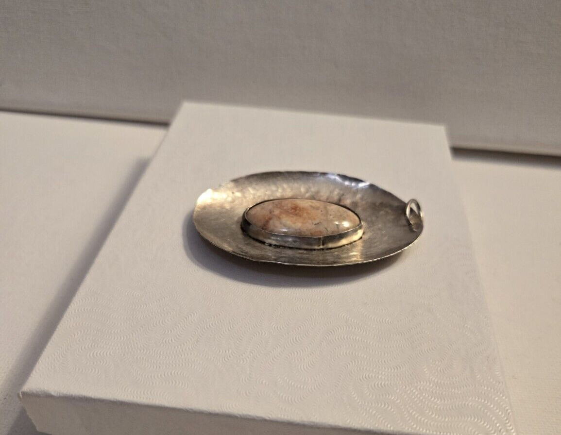 Vintage Oversized Oval Agate Hammer finish White Metal Artisan Crafted Pendant